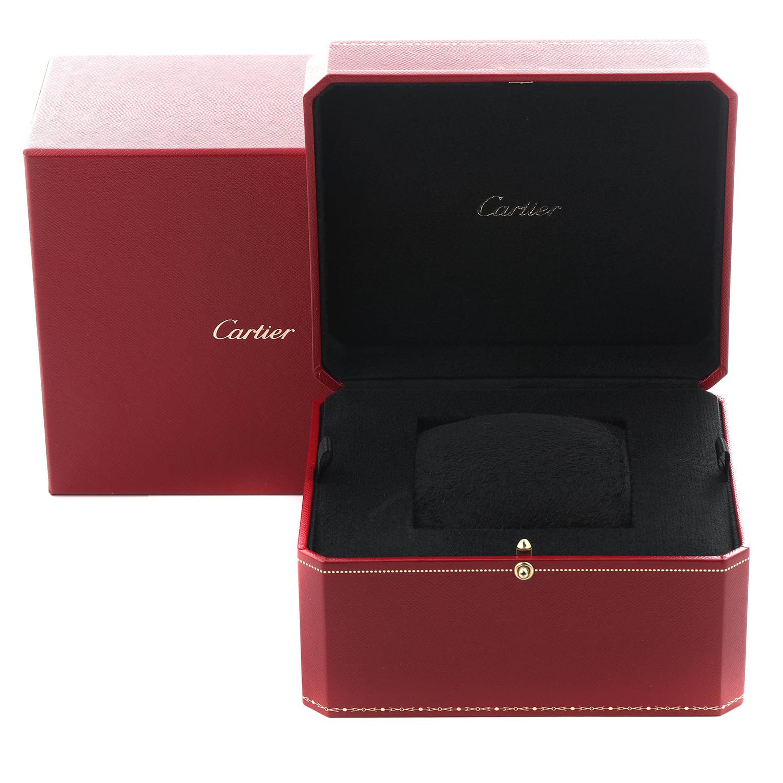 The image shows an open red Cartier watch box for the Calibre de Cartier model, with Cartier branding inside.