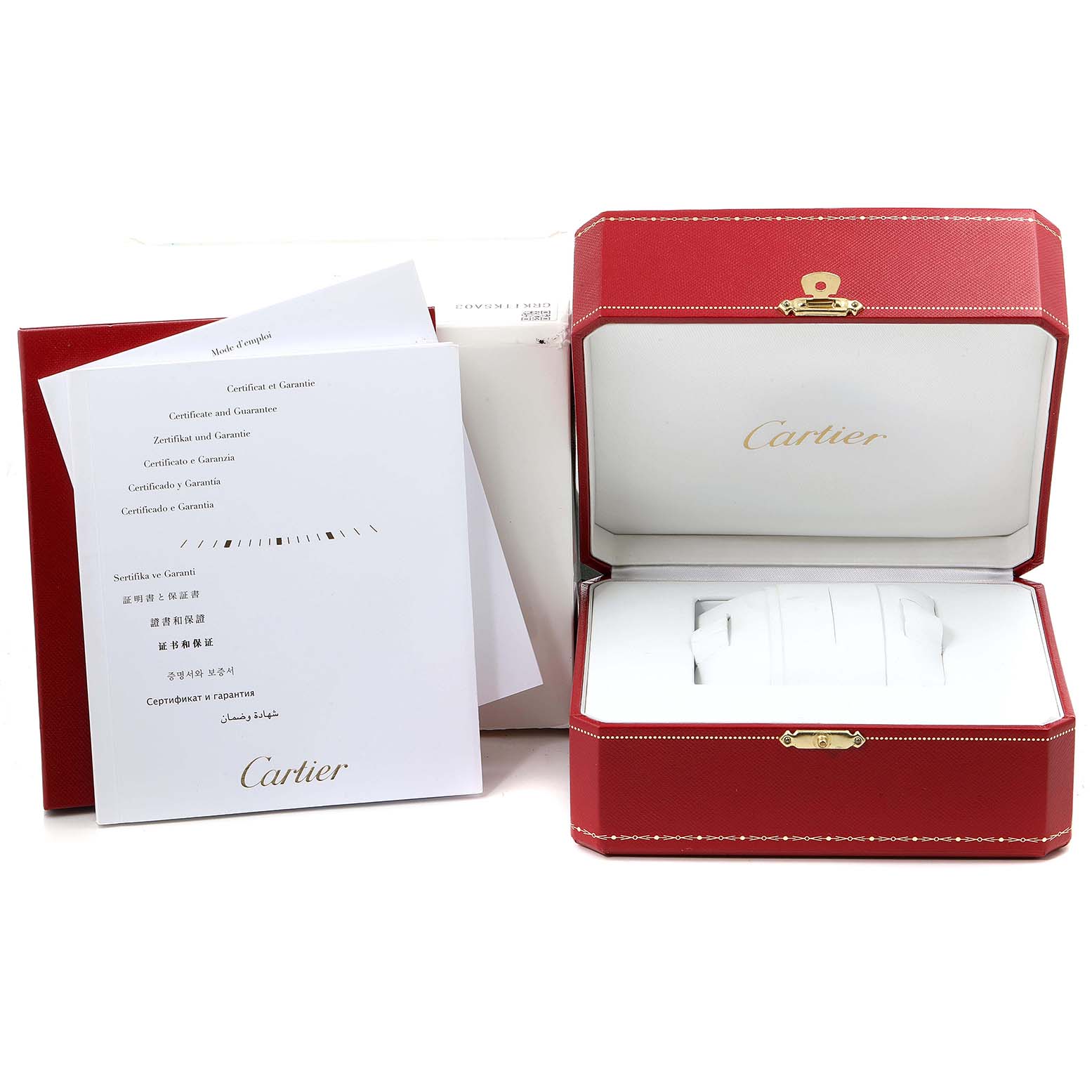 The image shows the packaging and certificate for a Drive de Cartier watch by Cartier, with an open red box.