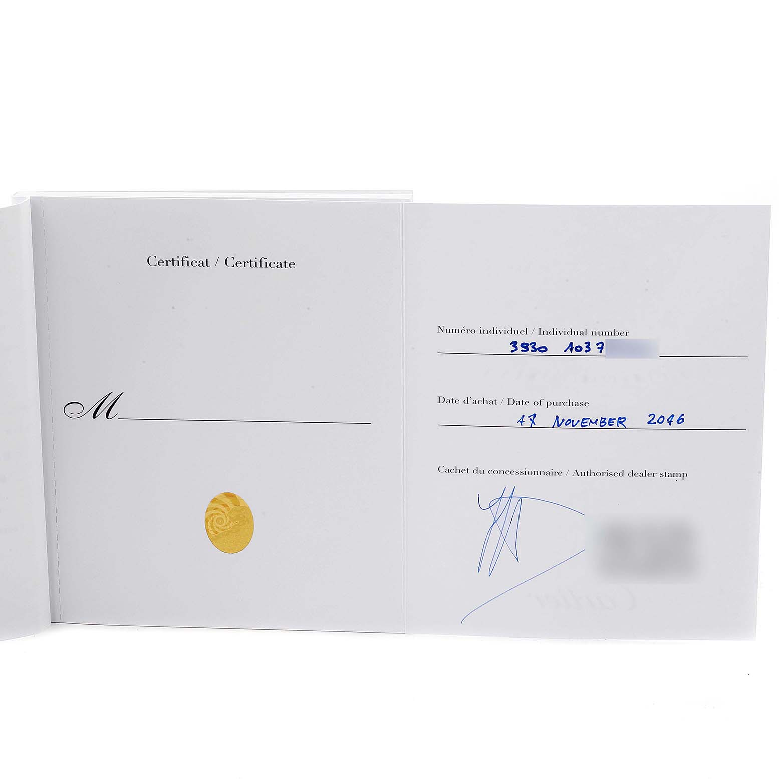 This image shows the certificate of authenticity for a Drive de Cartier model by Cartier.