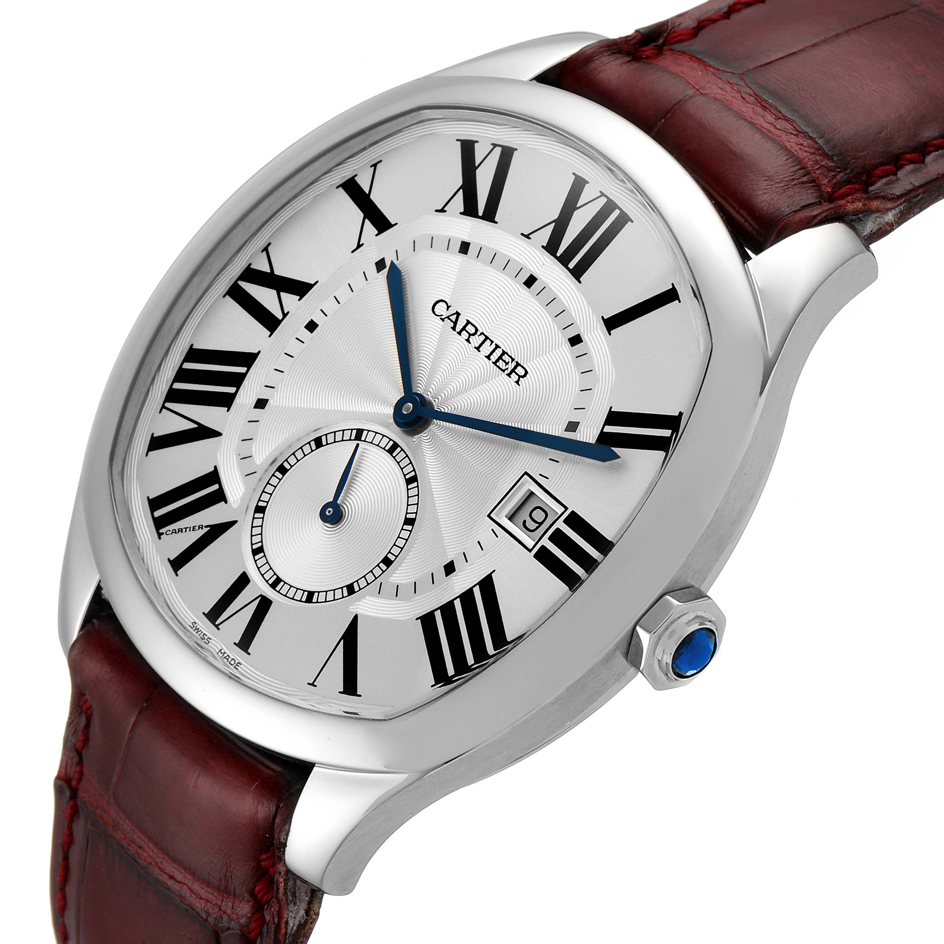 The Drive de Cartier watch by Cartier is shown at an angled view, highlighting the dial, Roman numerals, date display, and leather strap.