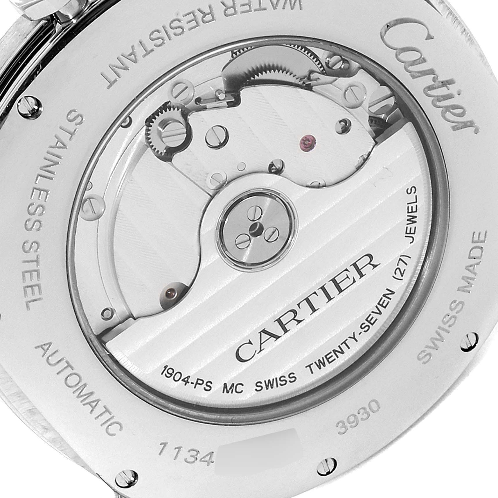 The image shows the back view of the Drive de Cartier watch by Cartier, focusing on its automatic movement and internal mechanisms.