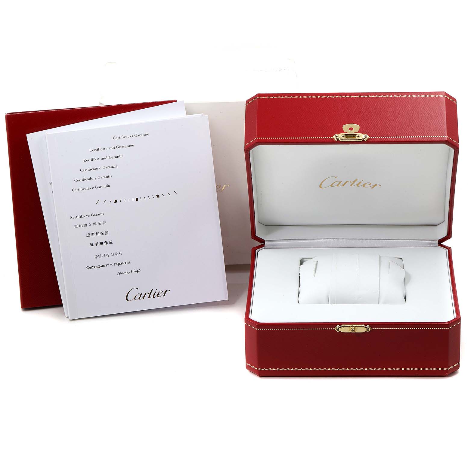 The image shows a Drive de Cartier watch case, warranty booklets, and the signature red box by Cartier.
