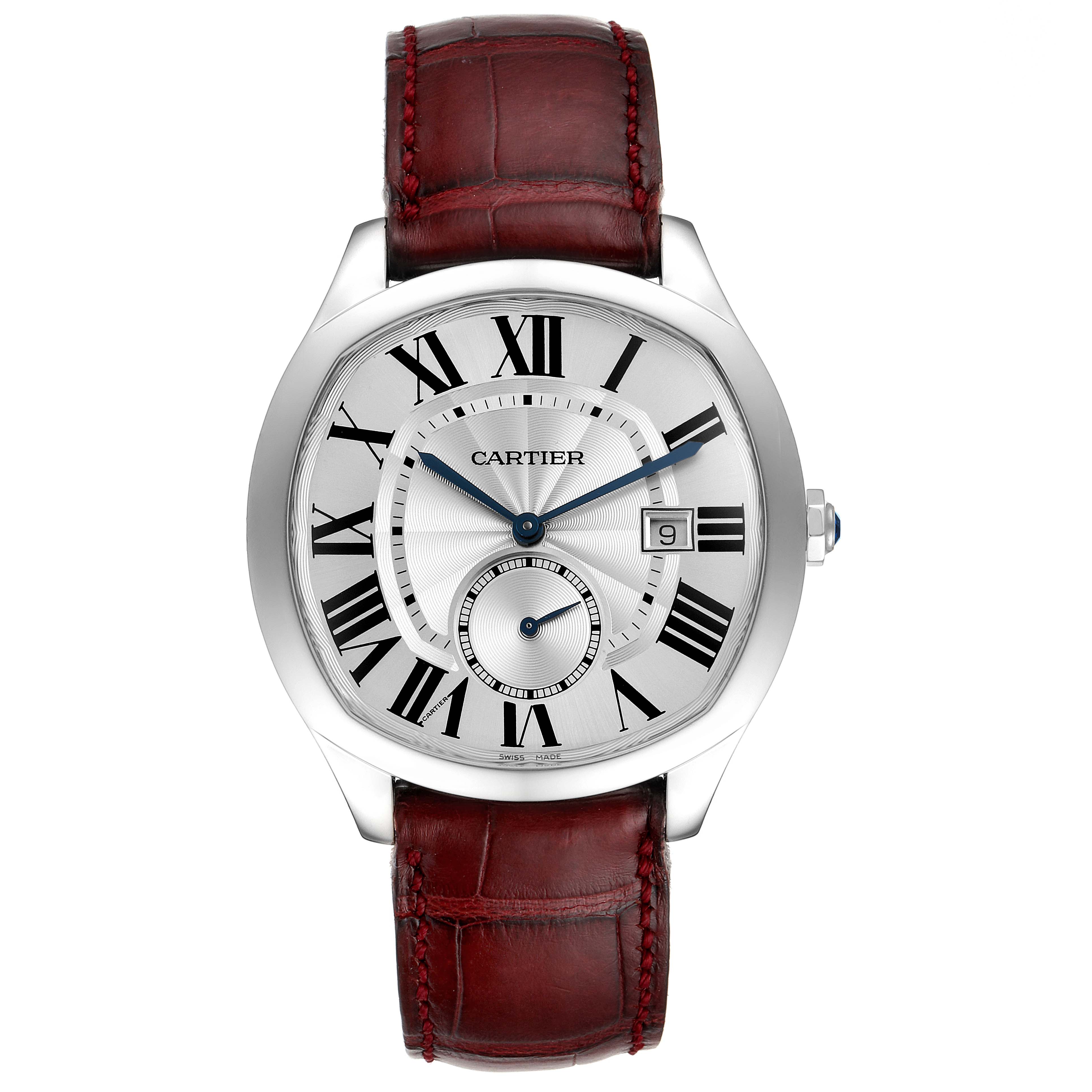 This image shows a frontal view of the Drive de Cartier watch by Cartier, highlighting its dial, case, and leather strap.