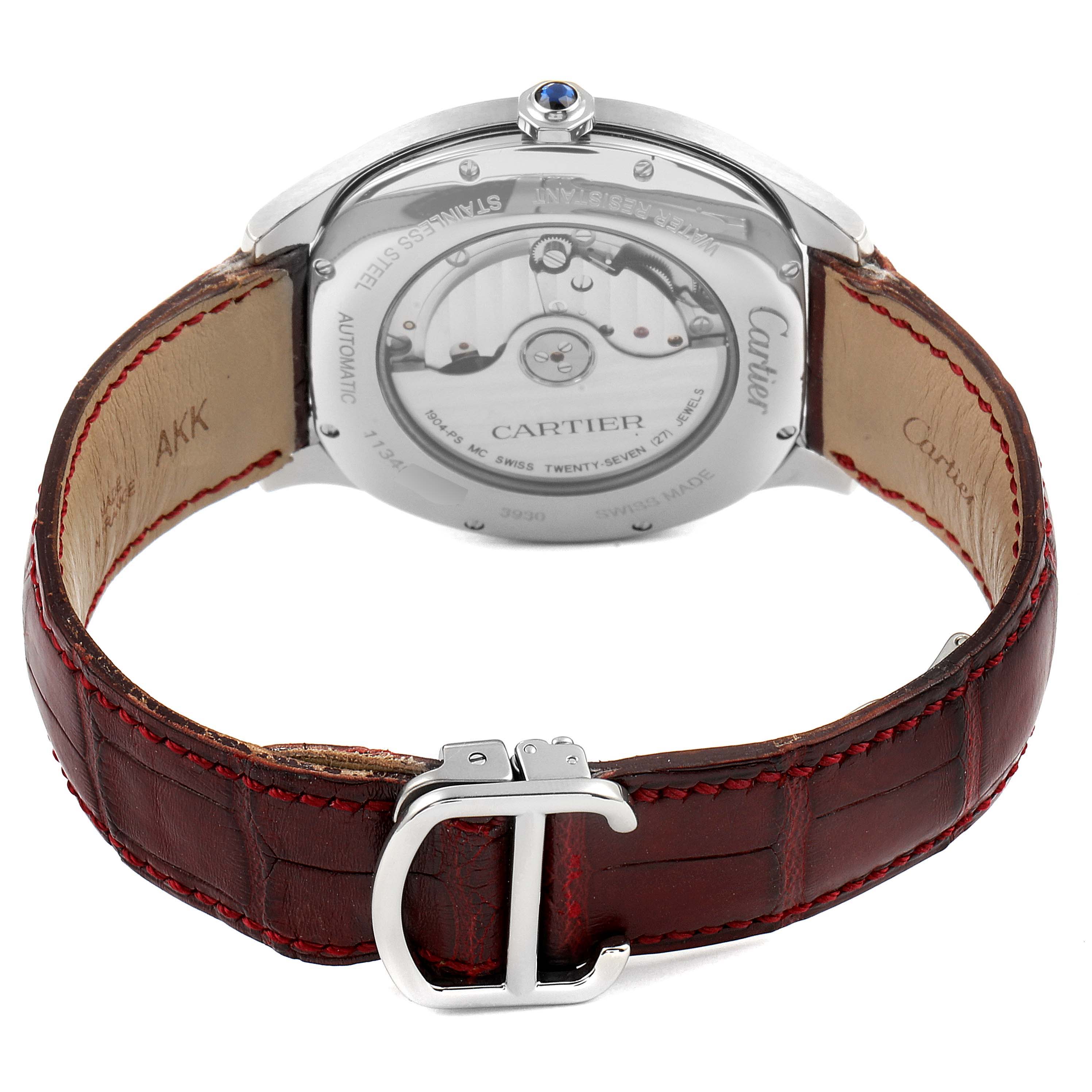 The image shows the back view of a Drive de Cartier watch by Cartier, highlighting its leather strap and automatic movement.