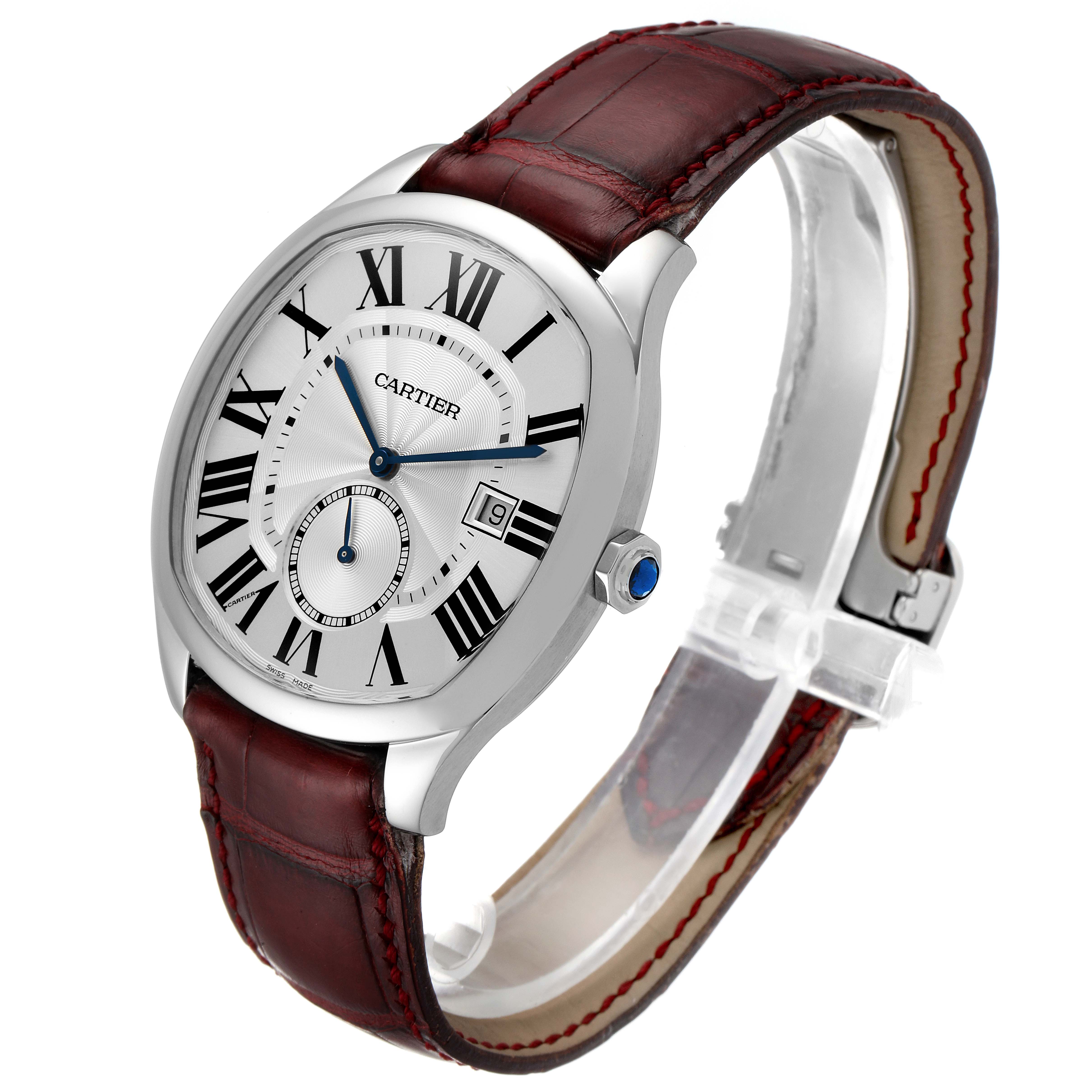 The Drive de Cartier watch by Cartier is shown at a slight angle, displaying its dial, crown, and brown leather strap.