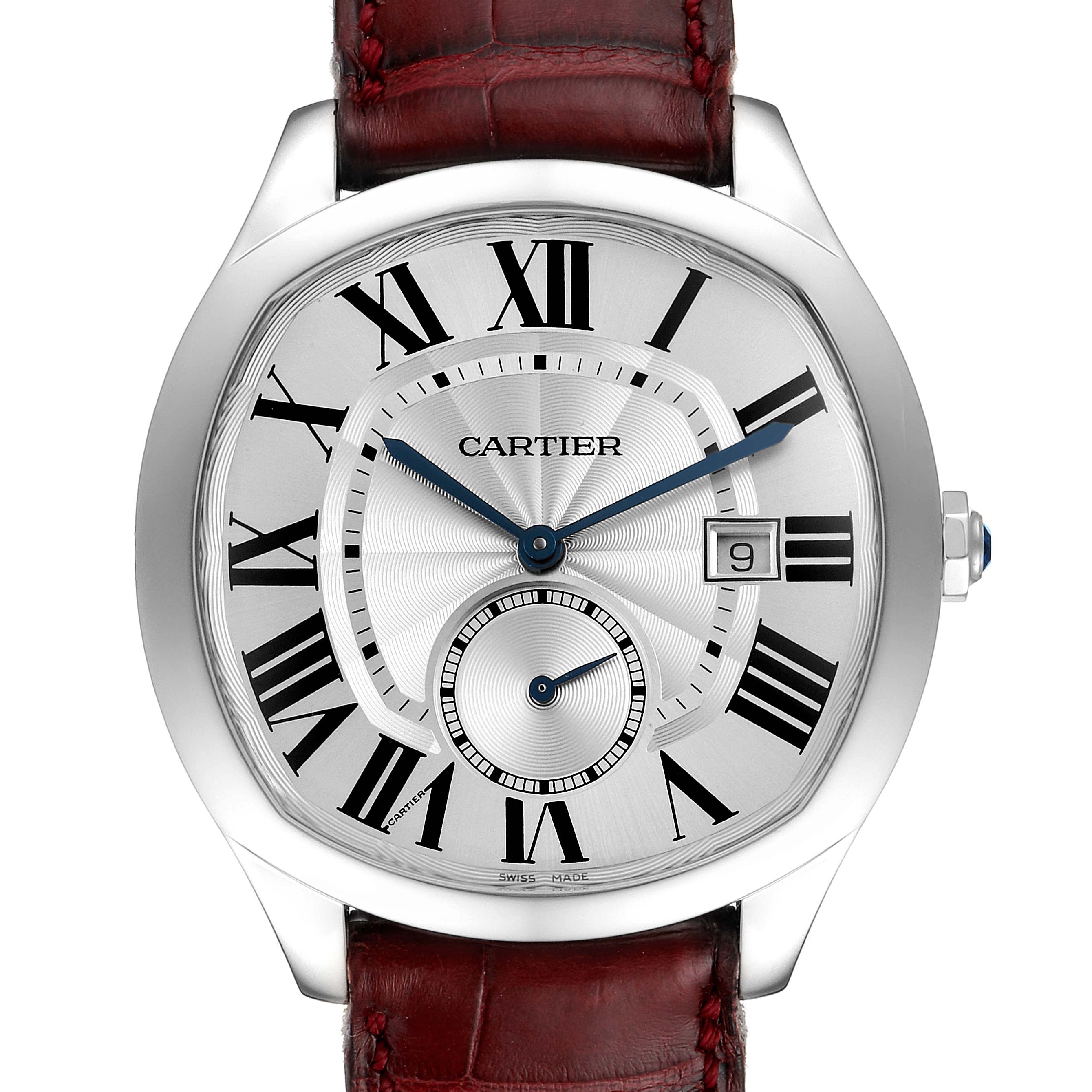 The image shows a front view of the Drive de Cartier watch by Cartier, displaying its dial, Roman numerals, and brown leather strap.