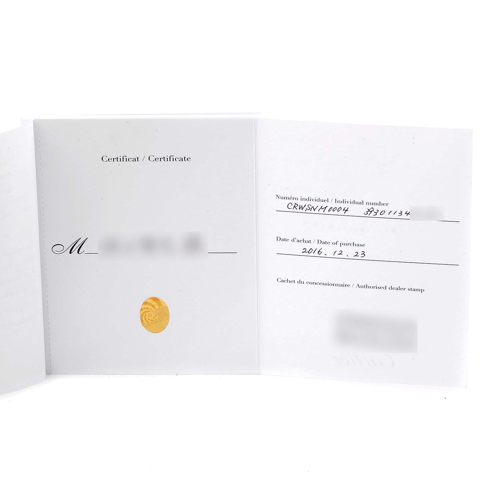 The image shows the certificate of authenticity for the Drive de Cartier model by Cartier.