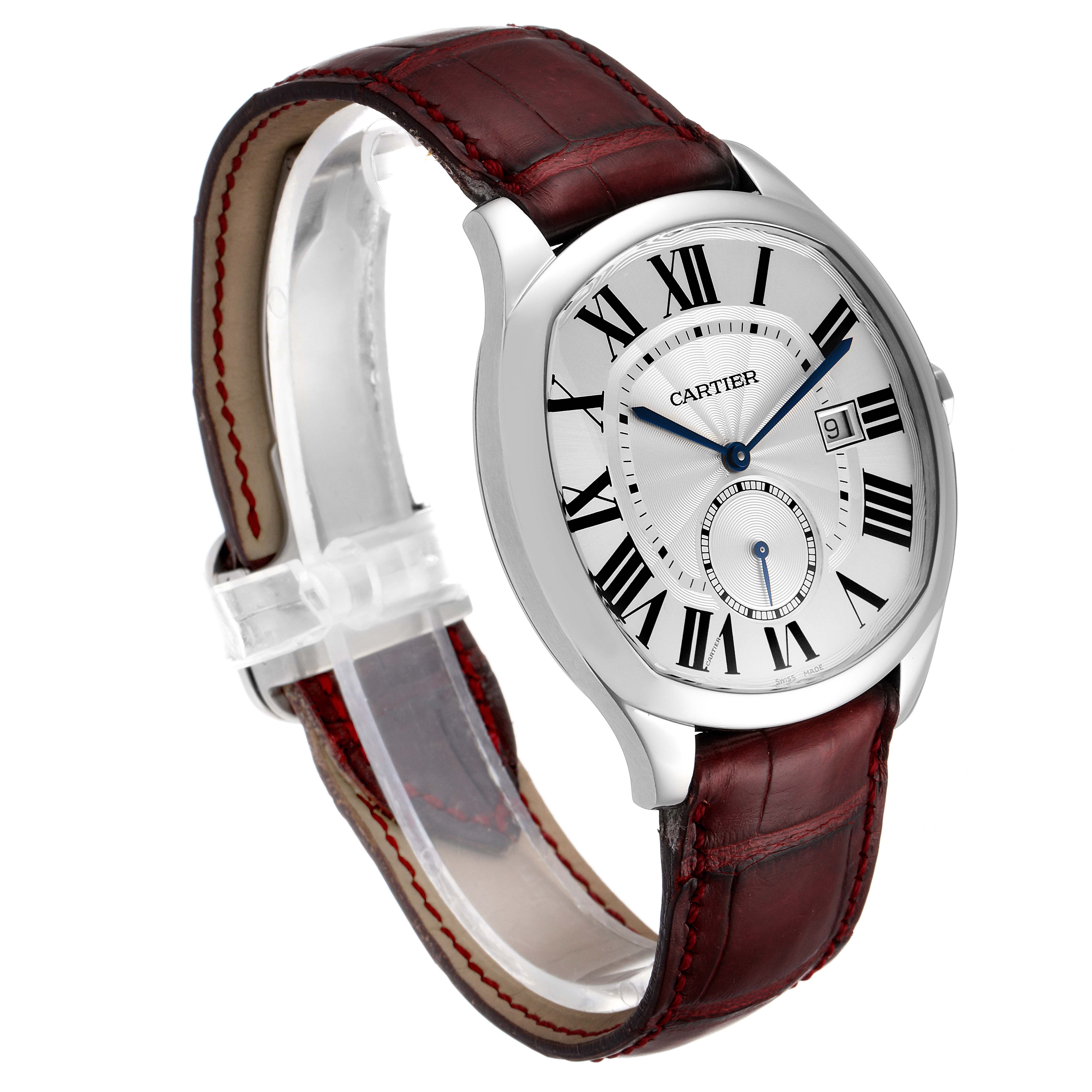 The image shows a Drive de Cartier watch by Cartier from a slightly angled side view, highlighting the dial and leather strap.