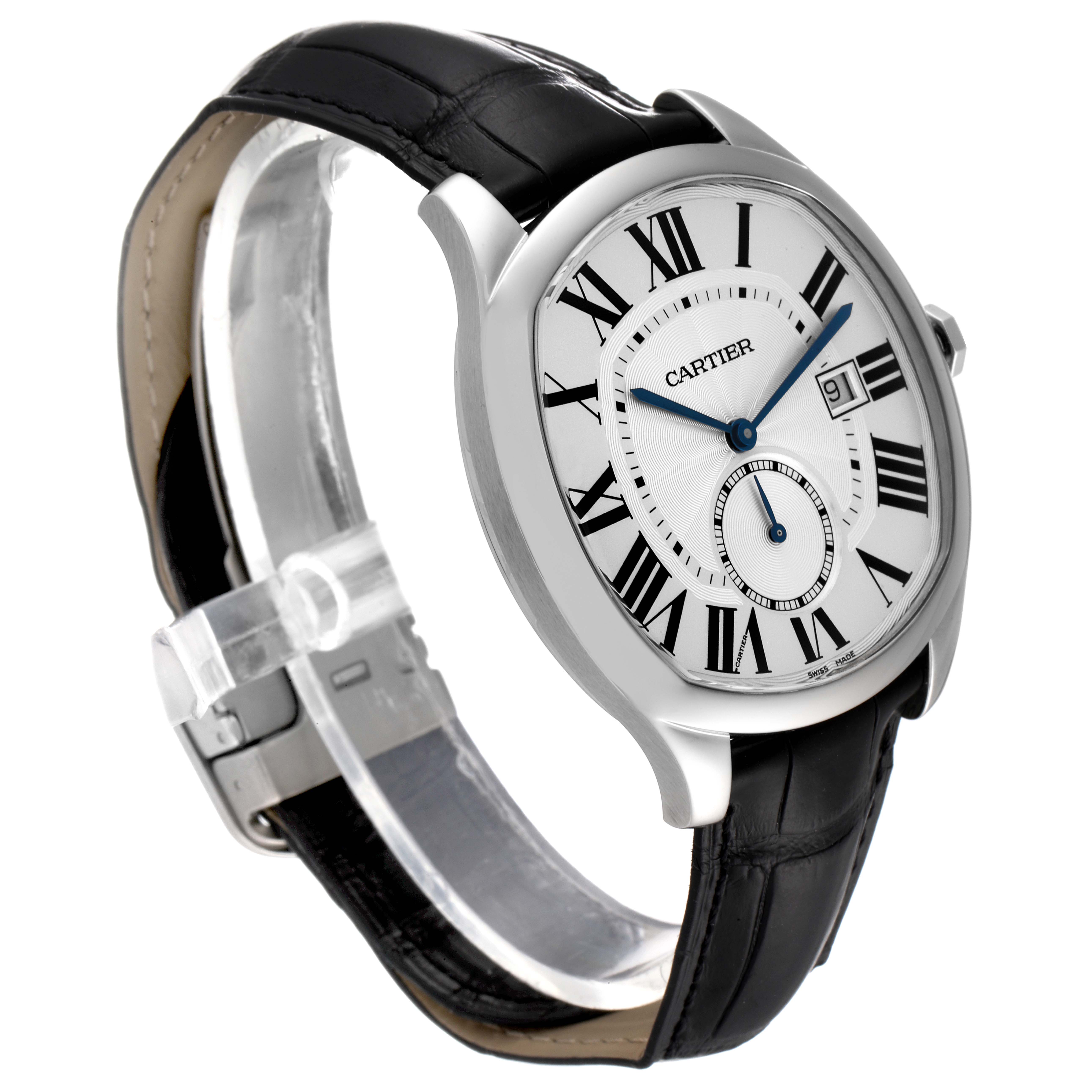 The image shows a Drive de Cartier watch by Cartier at an oblique angle, displaying its dial, roman numerals, and leather strap.