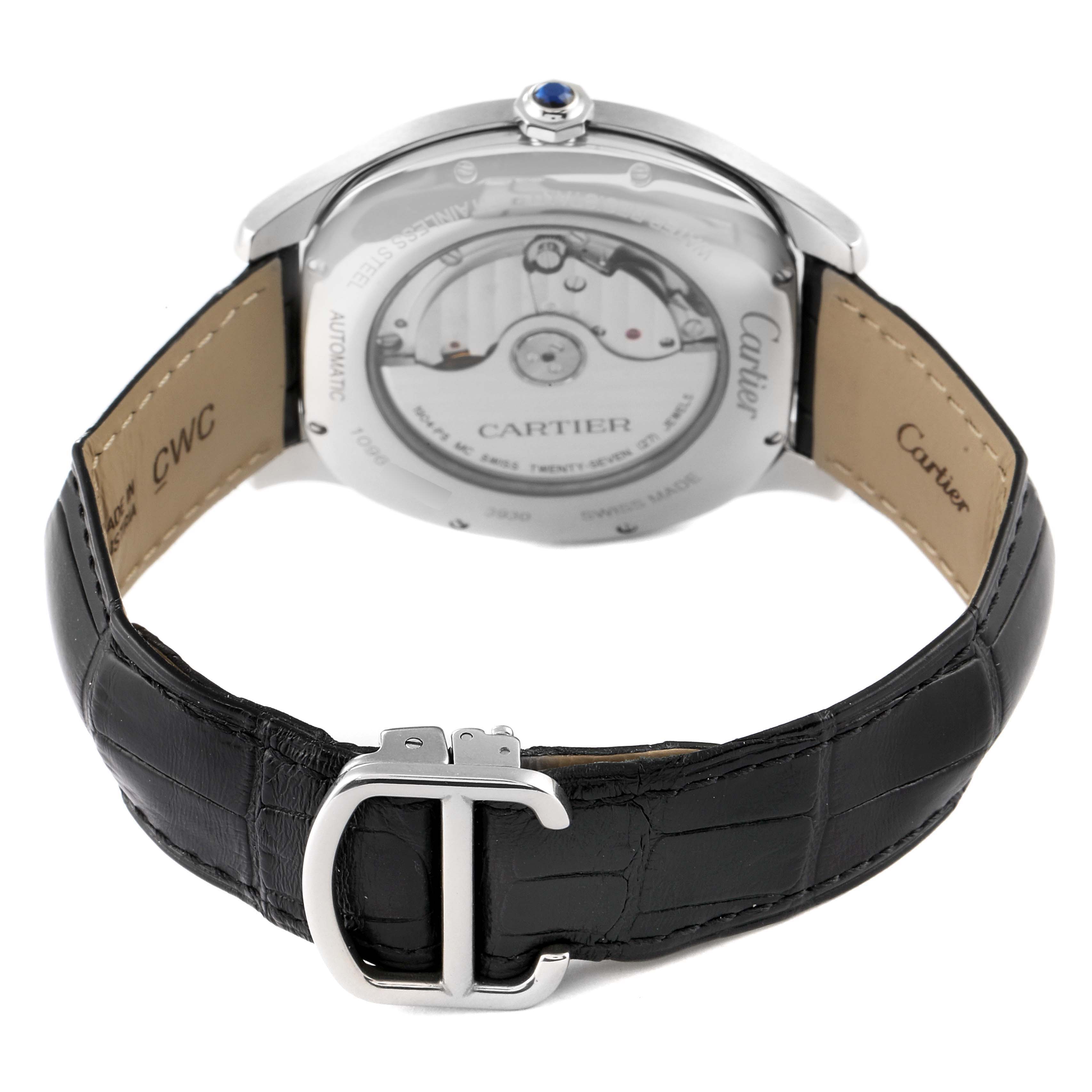 The image shows the back view of a Drive de Cartier watch by Cartier, highlighting the case back, movement, and leather strap.