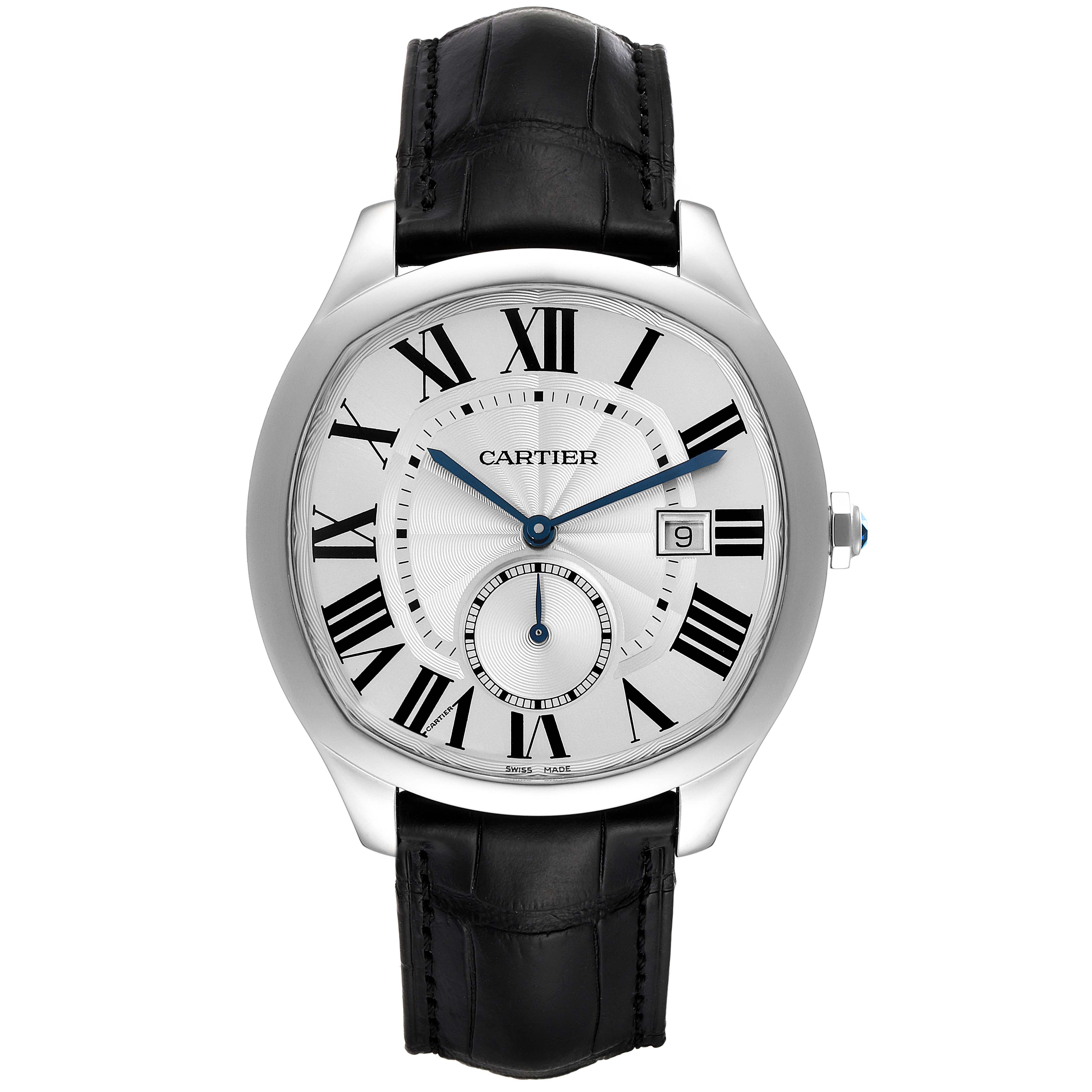 The Drive de Cartier watch is shown from the front, displaying the face, Roman numerals, sub-dial, and black leather strap.