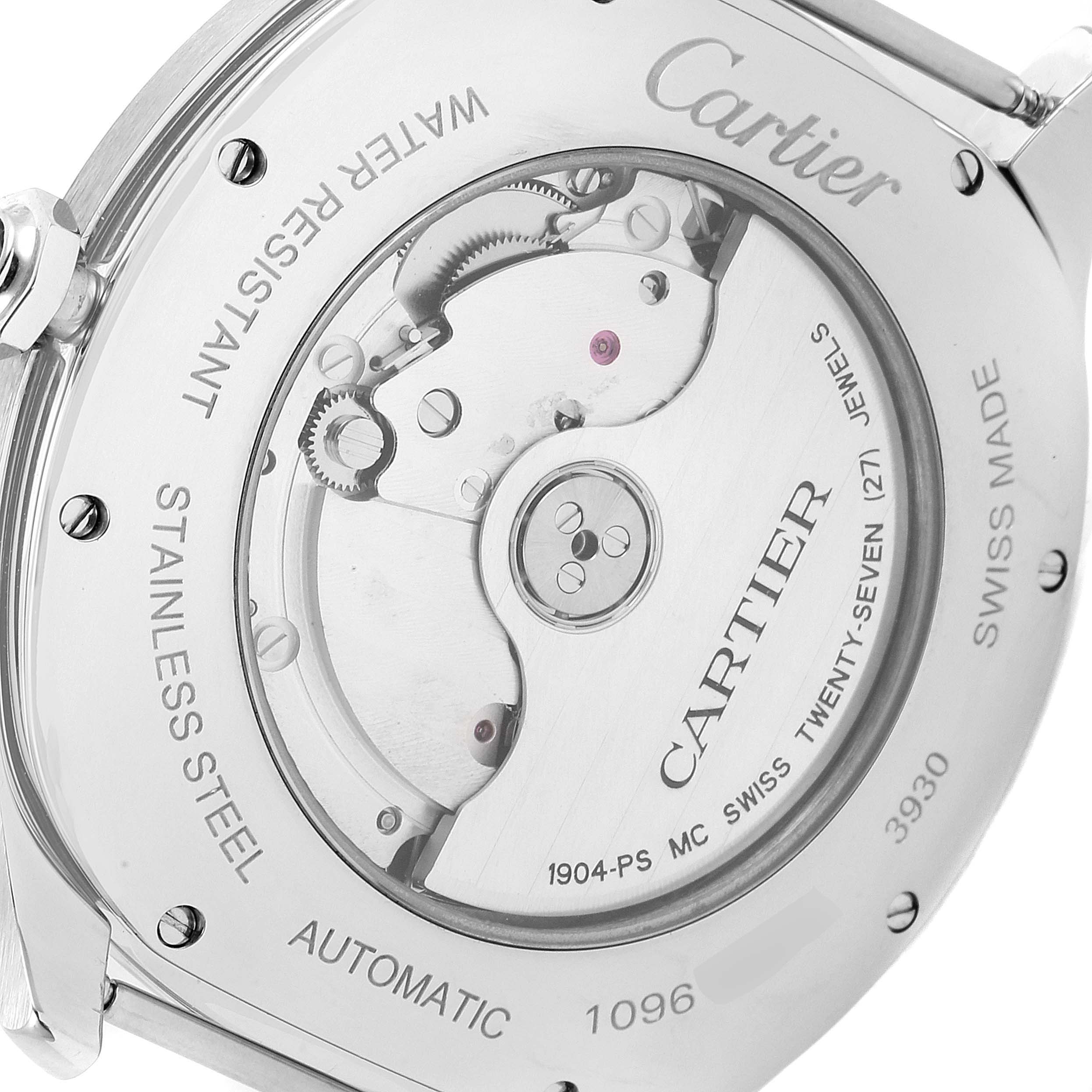 The image shows the back of a Drive de Cartier watch by Cartier, highlighting the automatic movement and internal mechanics.