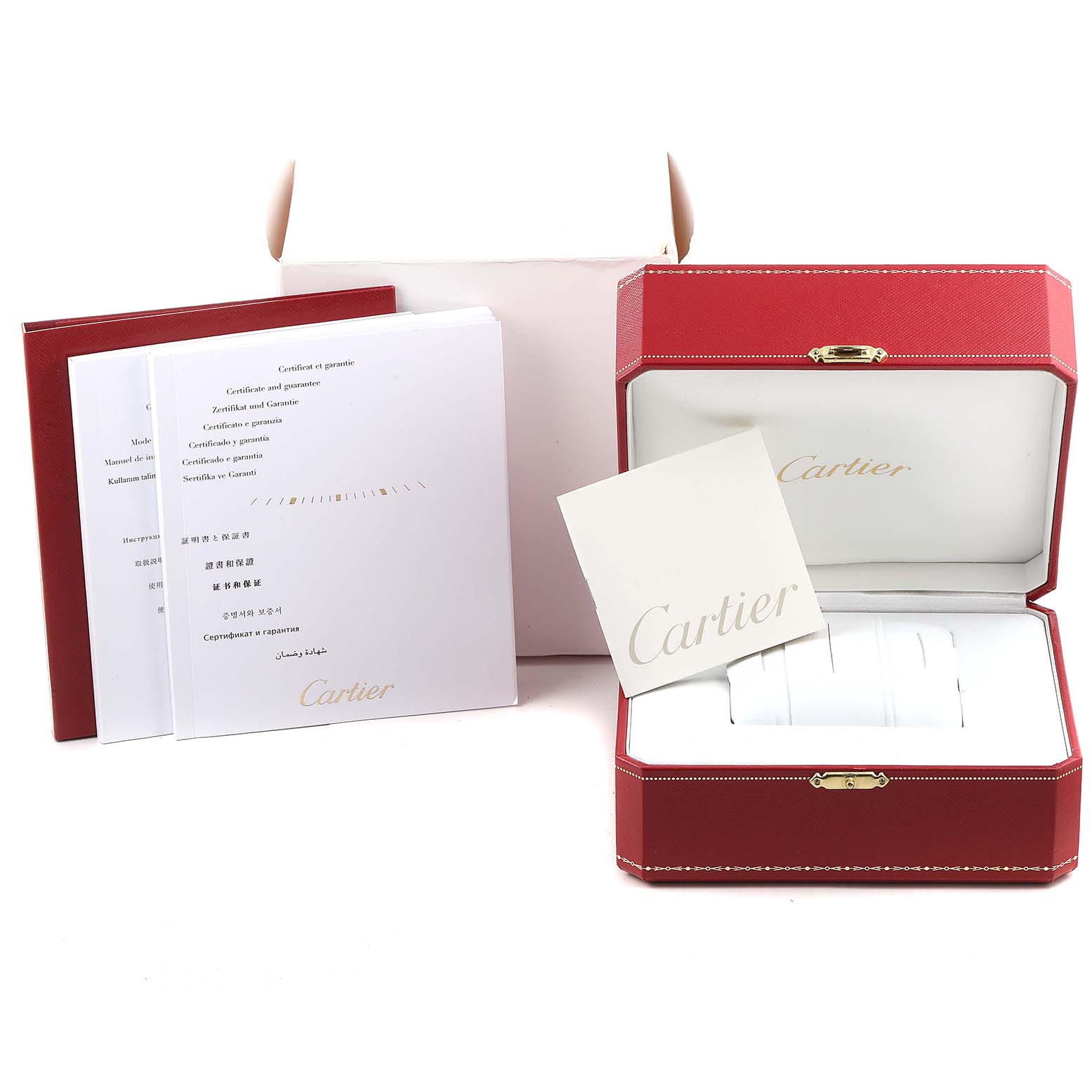 The image shows the Drive de Cartier watch packaging, including a red case, warranty booklet, and documentation.