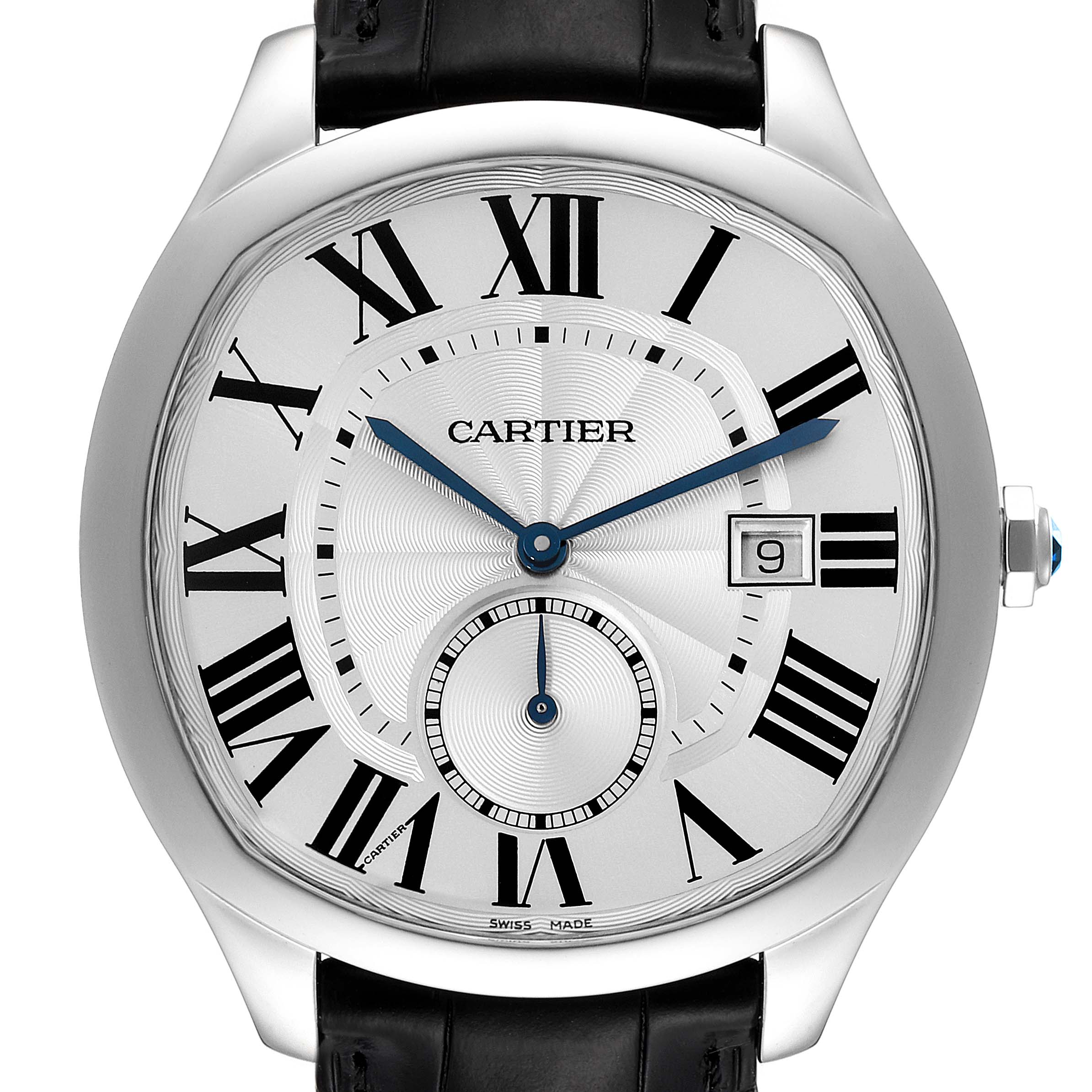The image shows a Drive de Cartier watch by Cartier, viewed from the front, displaying the face, hands, date window, and part of the black leather strap.