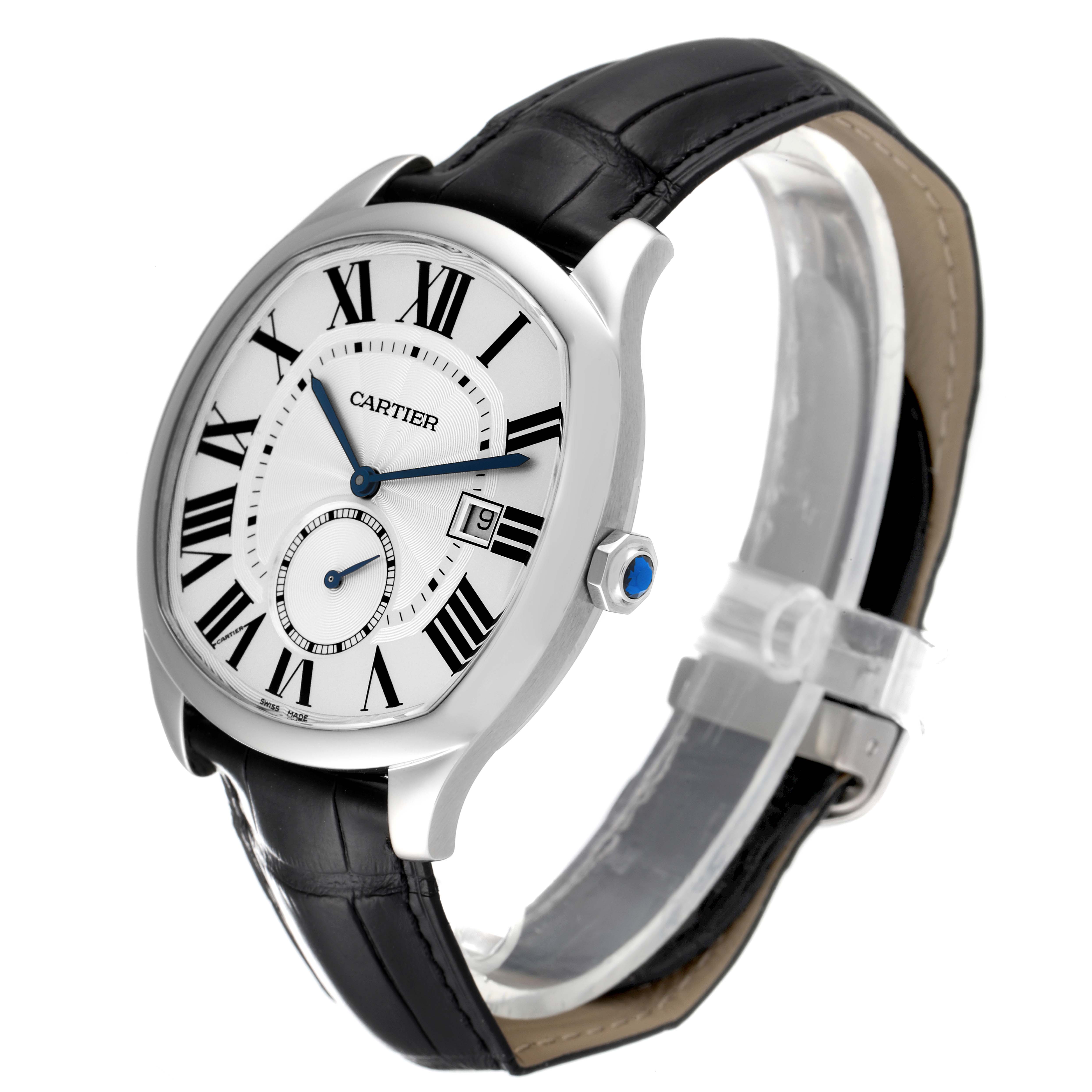 The image shows a Drive de Cartier watch by Cartier at a three-quarter angle, highlighting the face, crown, and part of the leather strap.