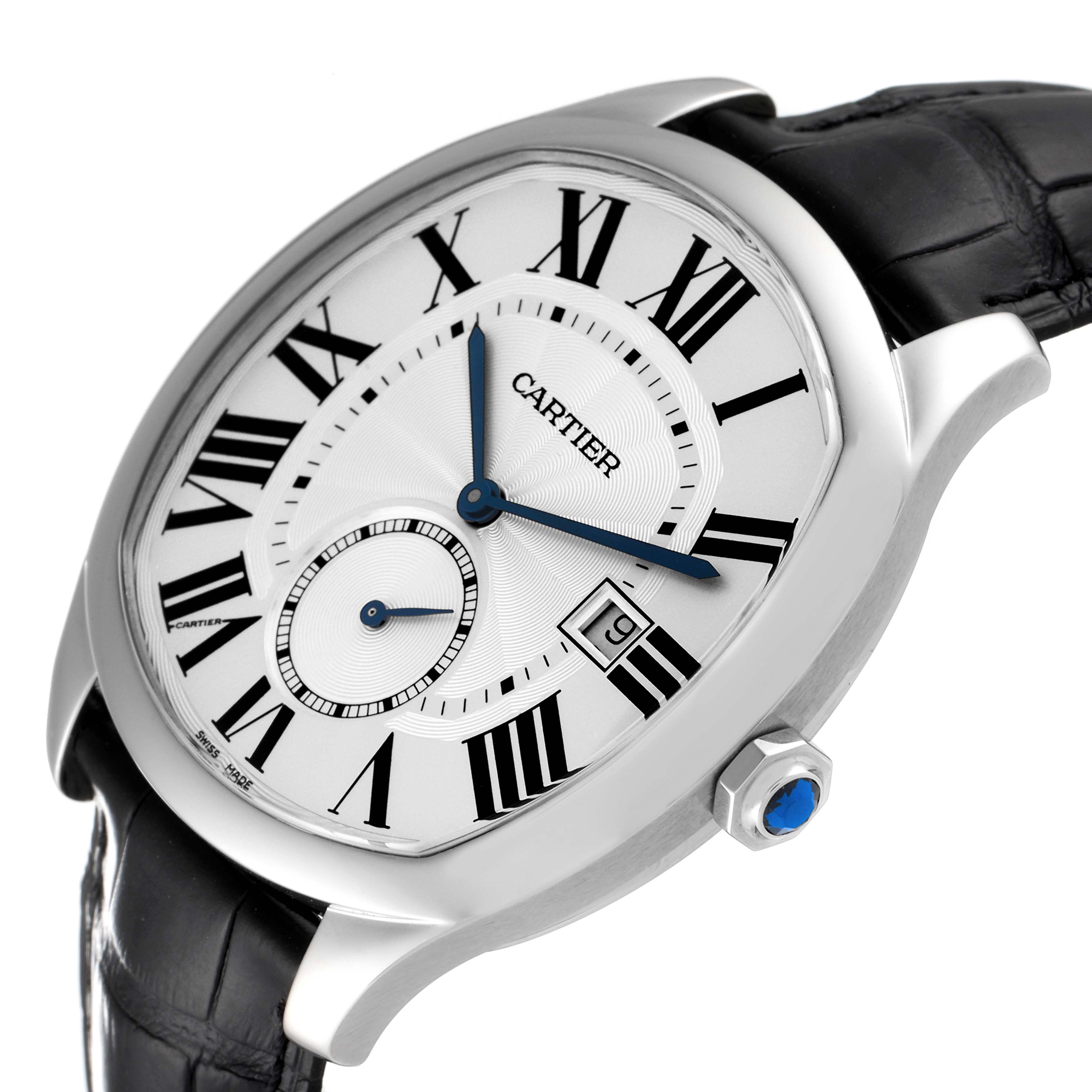 The Drive de Cartier watch by Cartier is shown from an oblique angle, depicting its Roman numeral dial, blue hands, date window, and leather strap.