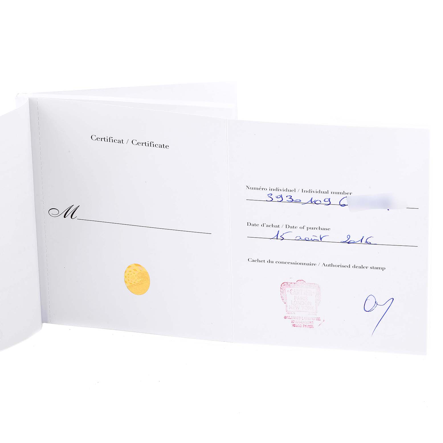 This image shows the authentication certificate for a Drive de Cartier model by Cartier, with purchase details visible.