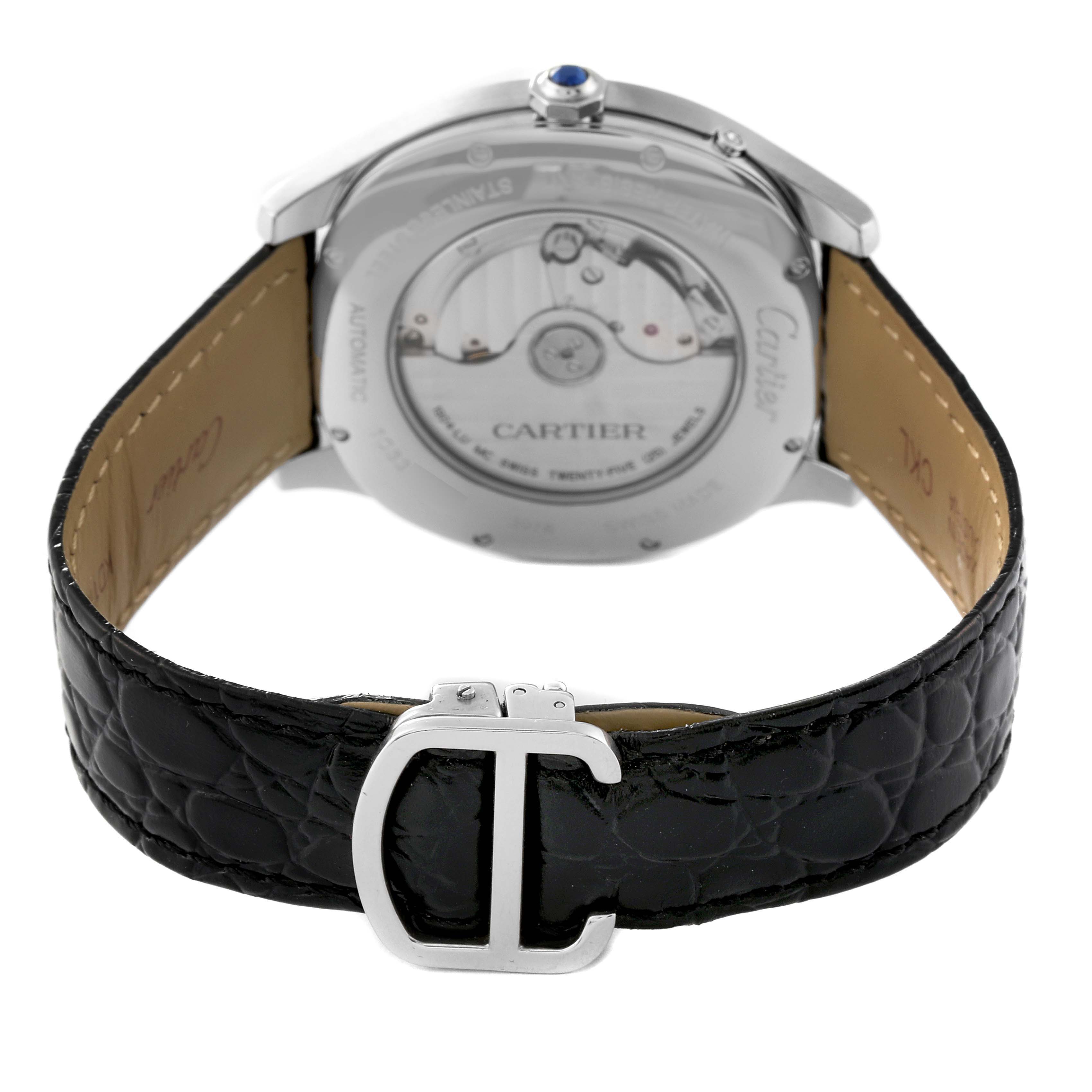 The image shows the back and strap of the Drive de Cartier watch by Cartier, highlighting the clasp, case back, and movement.