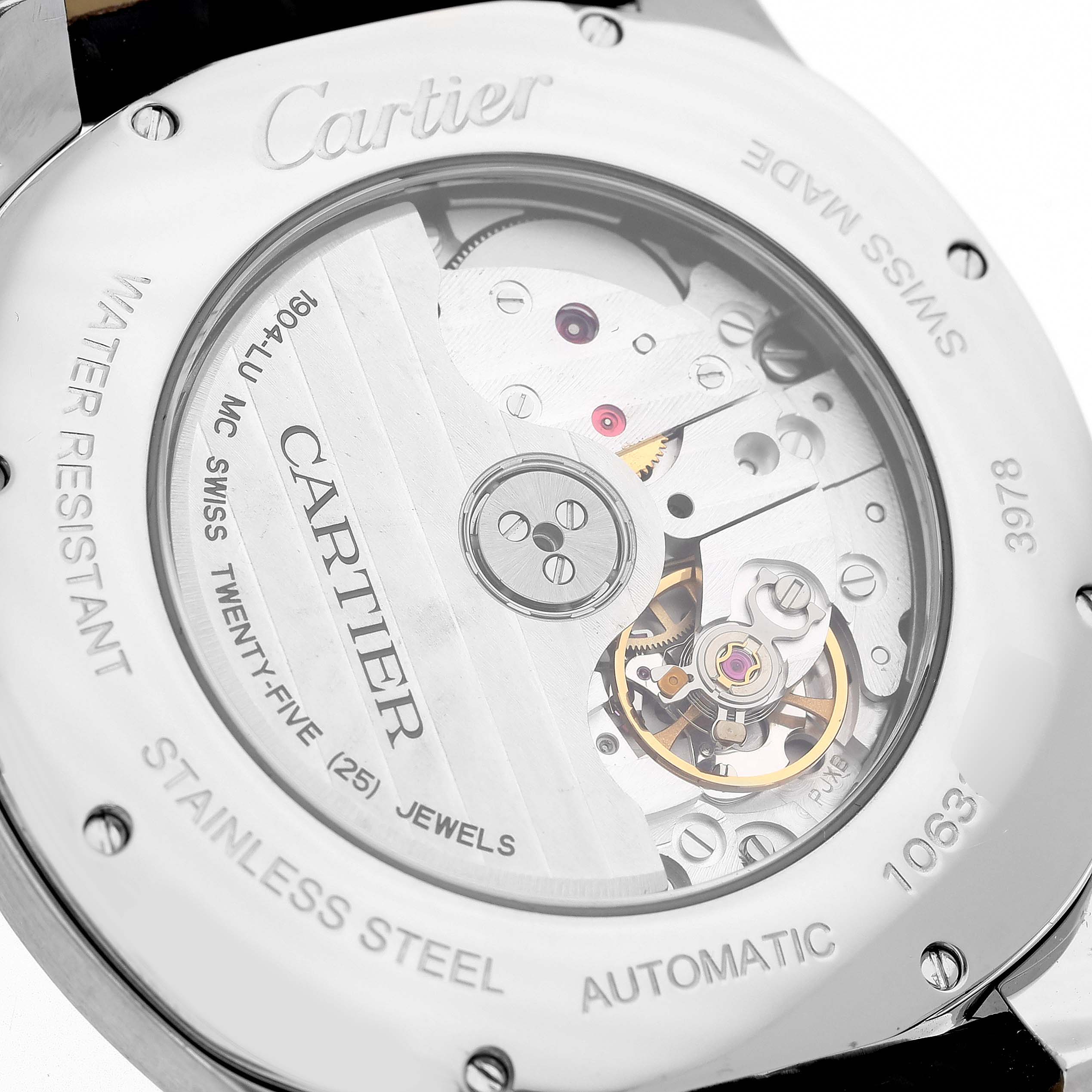 The image shows the back view of the Drive de Cartier watch by Cartier, revealing its automatic movement and engravings.