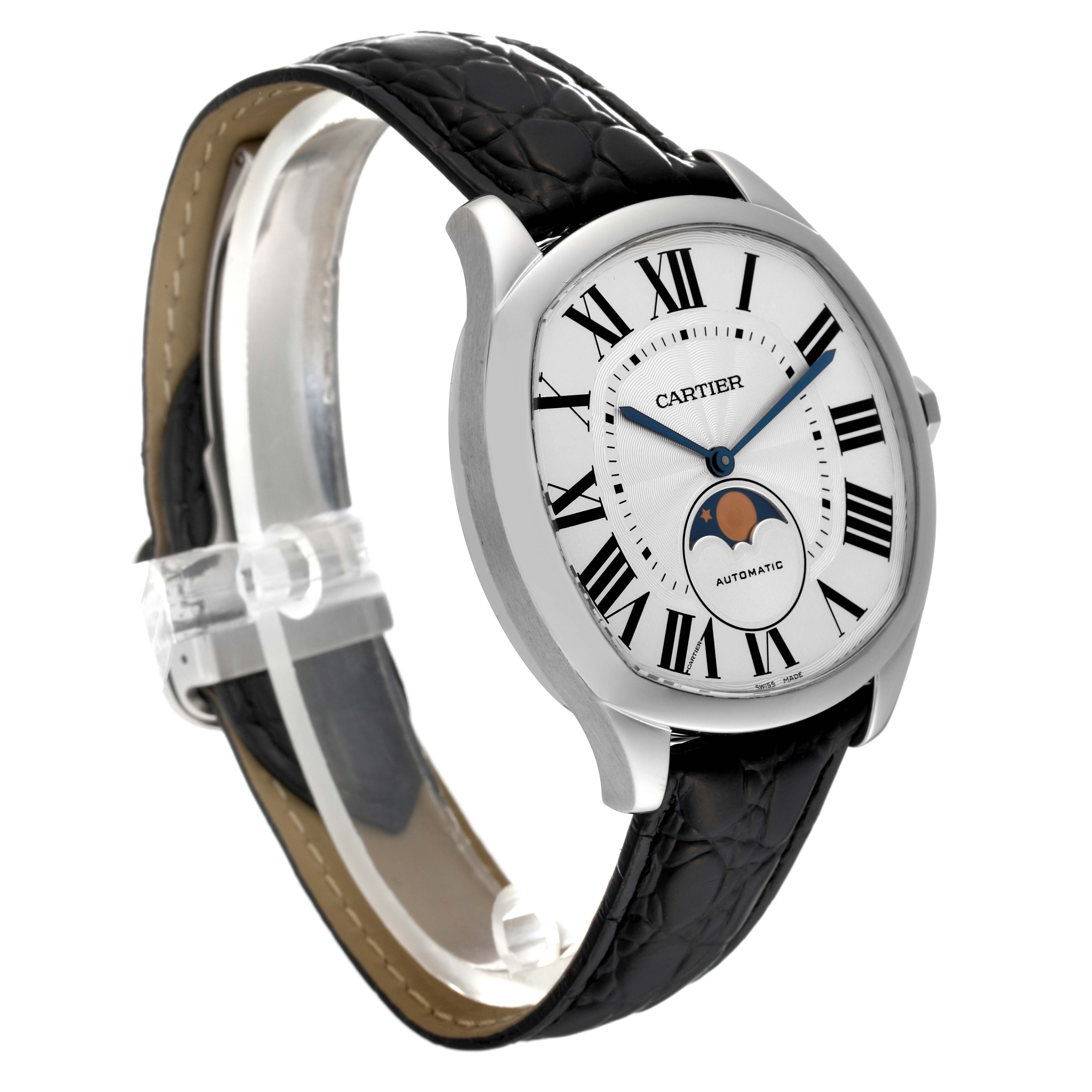 This Drive de Cartier watch by Cartier is shown from a side angle highlighting the face, strap, and buckle.
