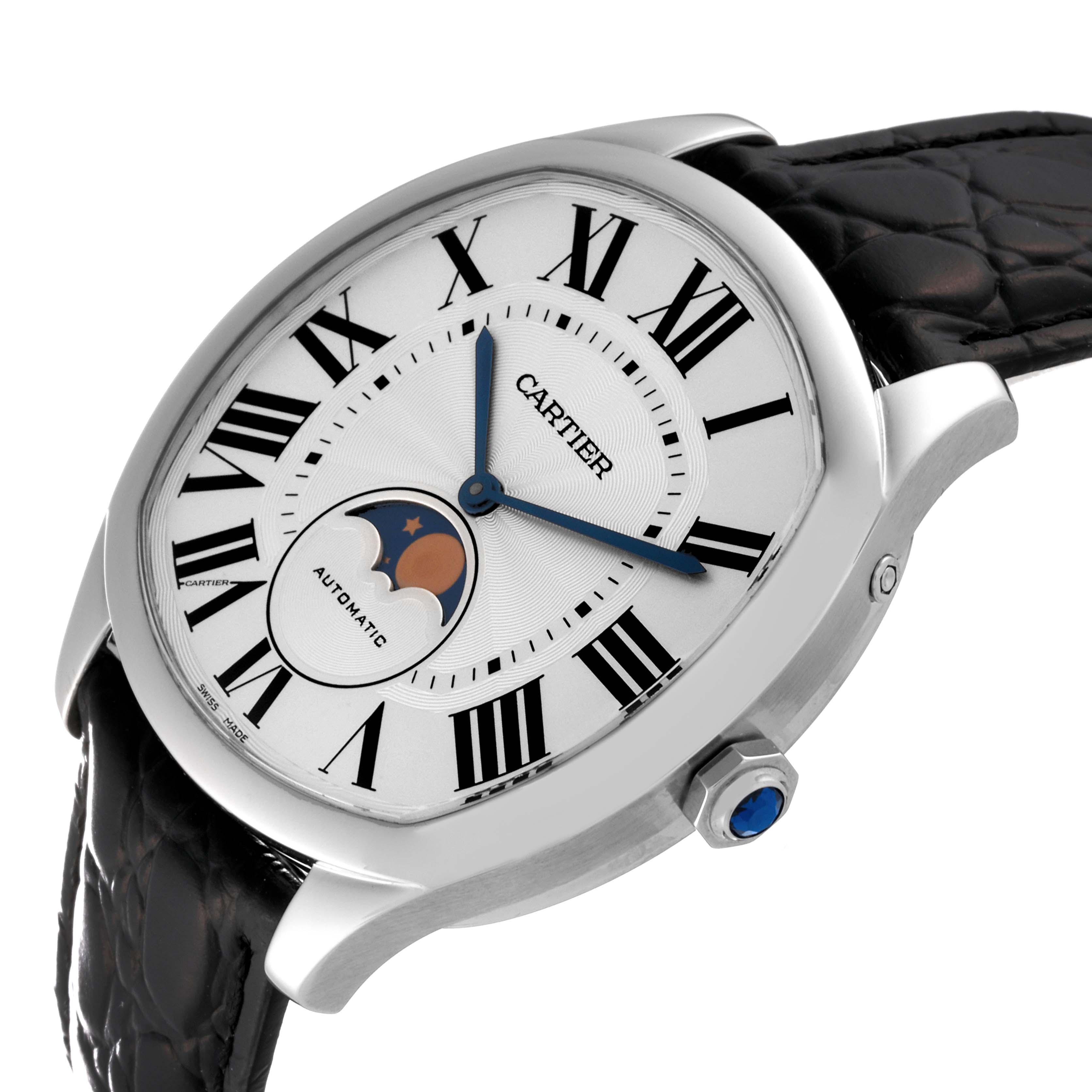 The image shows a side angle of the Drive de Cartier watch by Cartier, highlighting its dial, case, and strap.