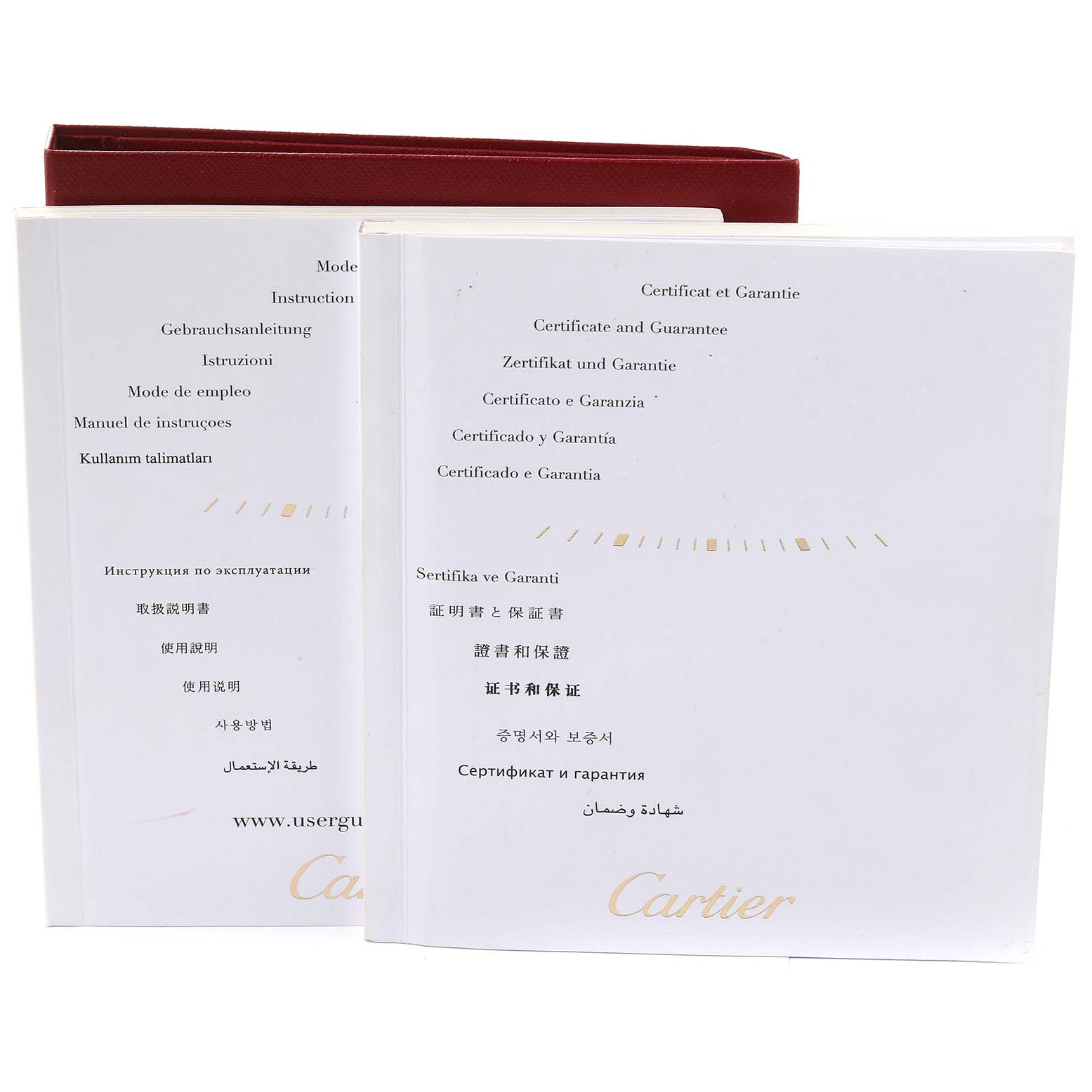 The image shows instruction manuals and certificate booklets for the Drive de Cartier model by Cartier.