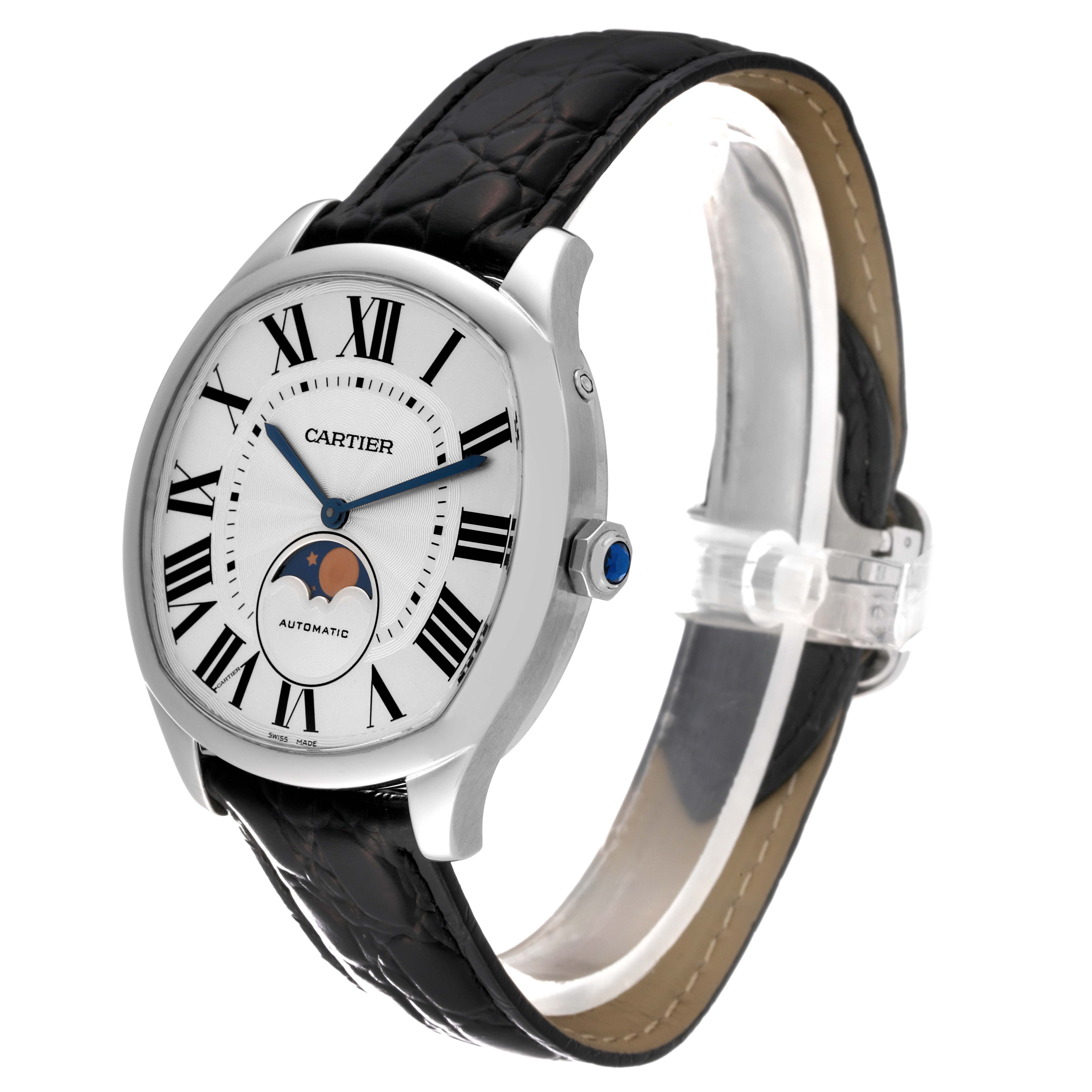 The image shows a side view of the Drive de Cartier watch by Cartier, highlighting its dial, bezel, and black leather strap.