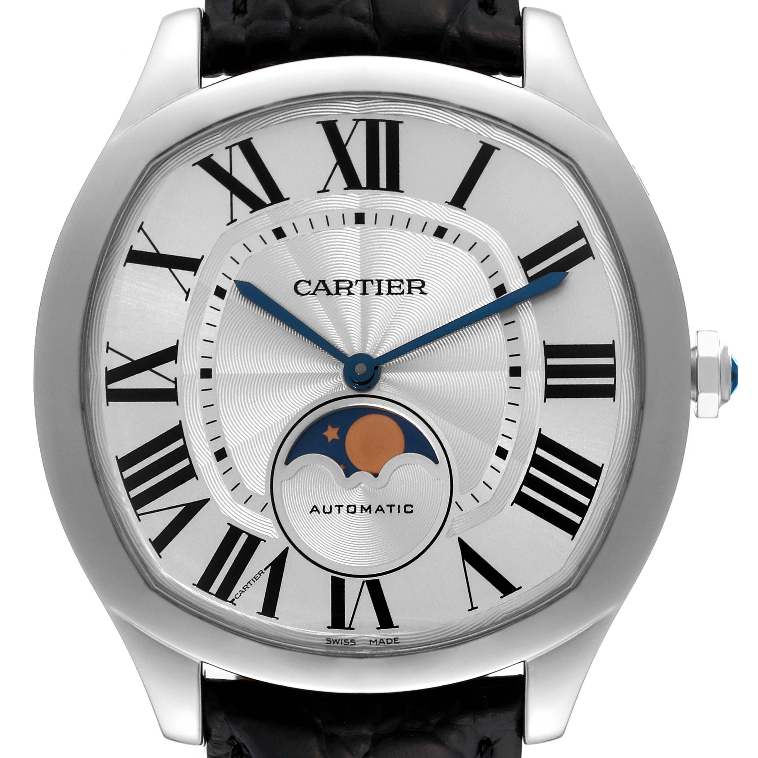 This image shows a front view of the Drive de Cartier watch by Cartier, highlighting its dial, moon phase indicator, and crown.