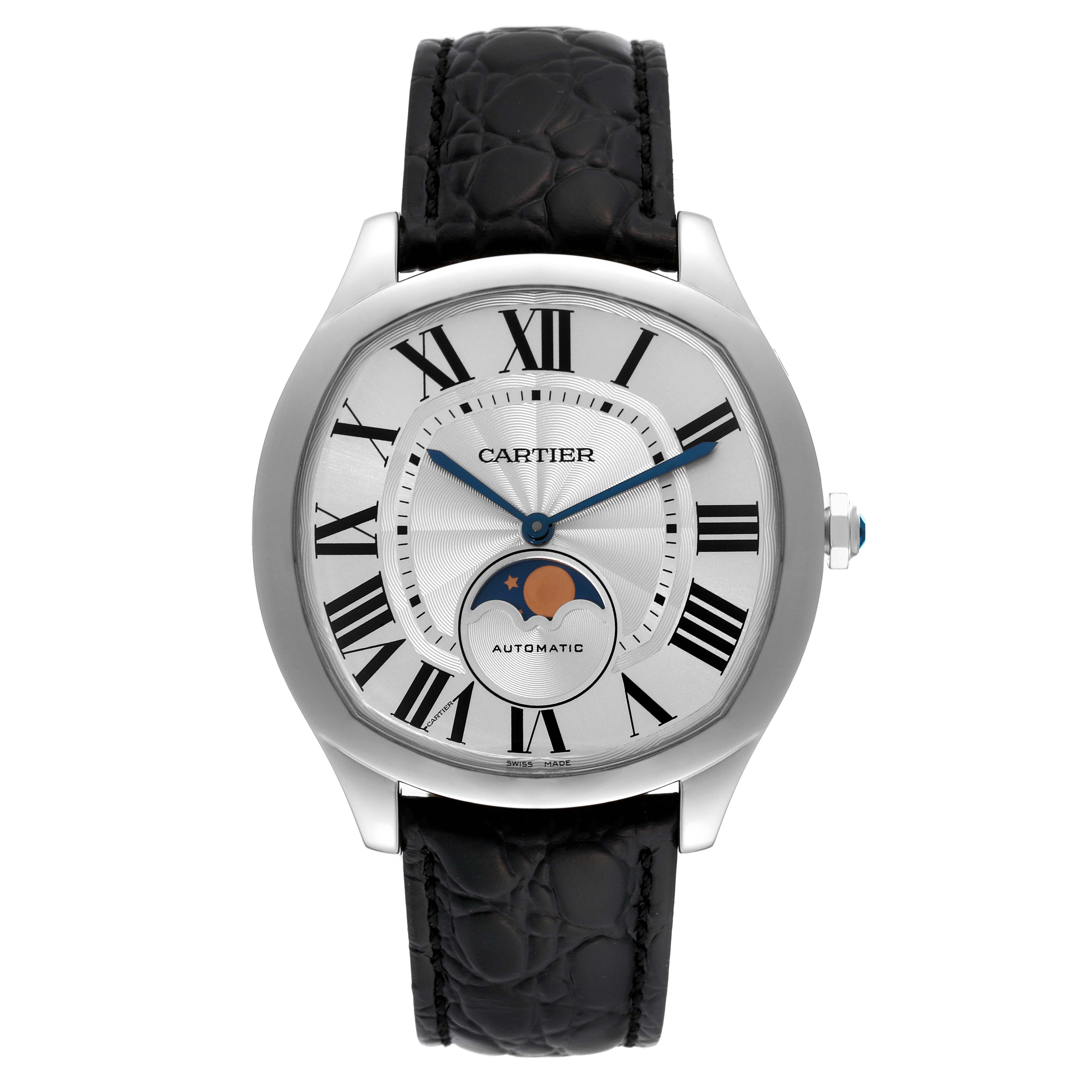The image shows a front view of the Drive de Cartier model by Cartier, featuring its dial, hands, moon phase display, and black leather strap.