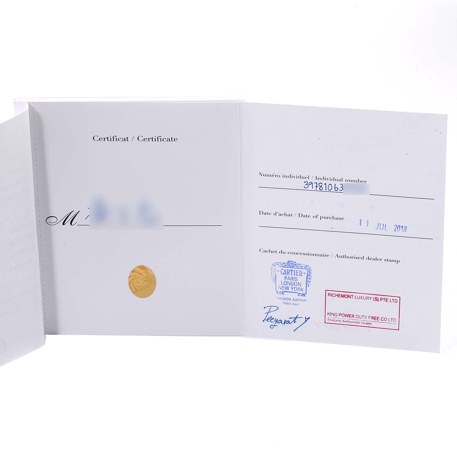 The image shows the certificate of authenticity and purchase details for a Drive de Cartier watch by Cartier.