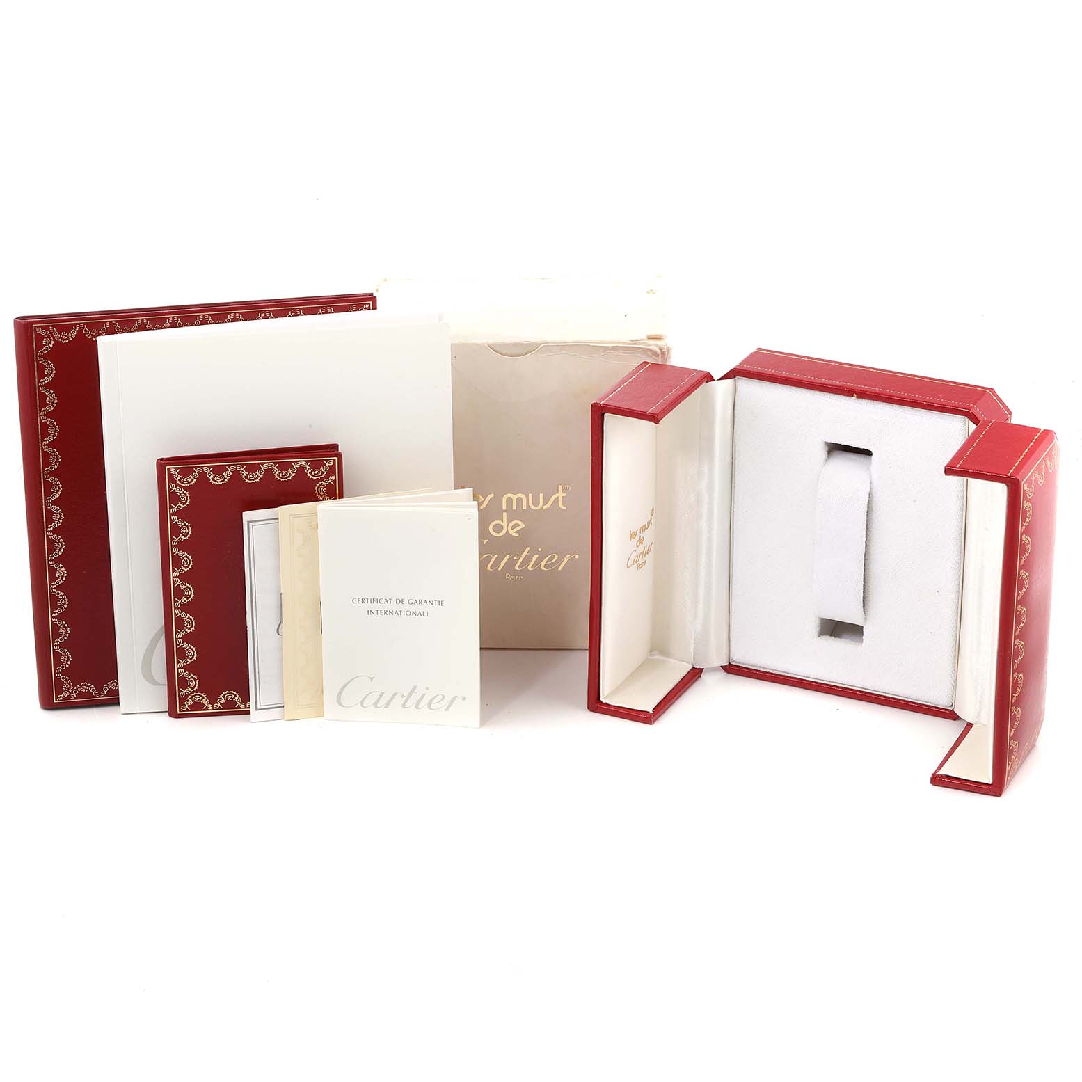 The image shows the packaging and accessories for the Cartier Panthere W25033P5 Women
s Stainless Steel Silver Dial W25033P5 Women
s Stainless Steel Silver Dial model watch, including the box and warranty papers.