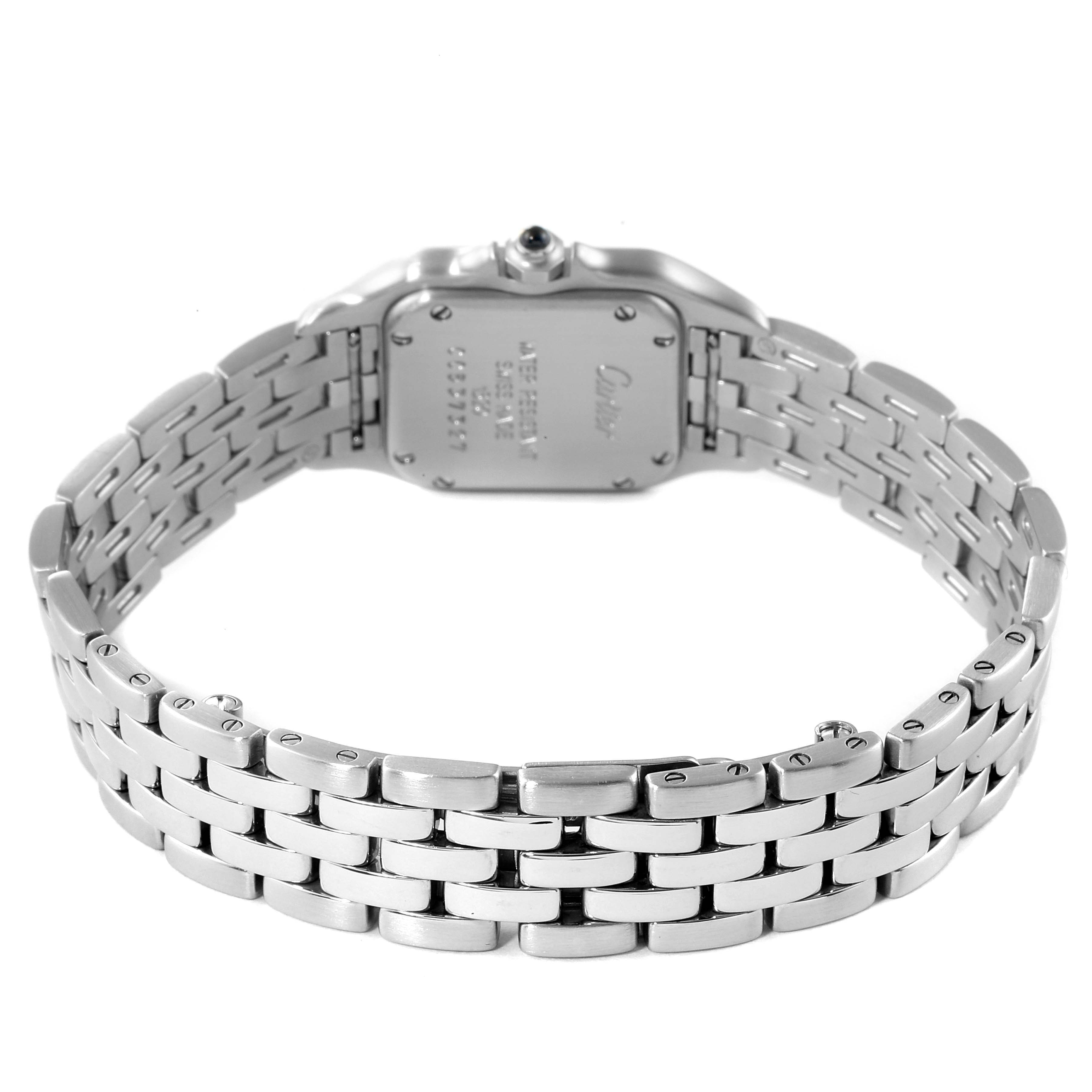 The image shows the back and bracelet of a Cartier Panthere W25033P5 Women
s Stainless Steel Silver Dial W25033P5 Women
s Stainless Steel Silver Dial watch, displaying its clasp and case back.
