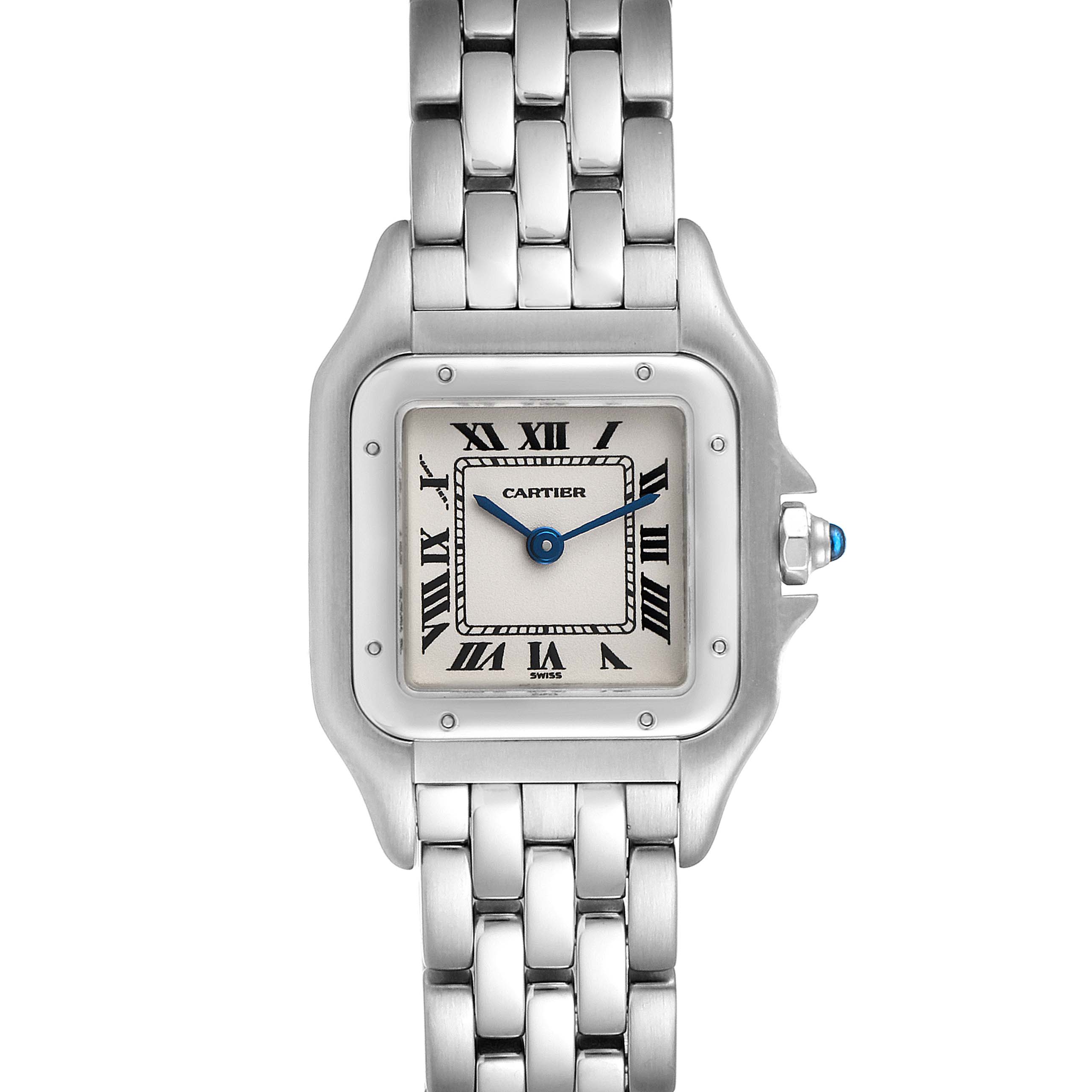 This image shows the front view of a Cartier Panthere W25033P5 Women
s Stainless Steel Silver Dial W25033P5 Women
s Stainless Steel Silver Dial model watch, highlighting the dial, bezel, bracelet, and crown.