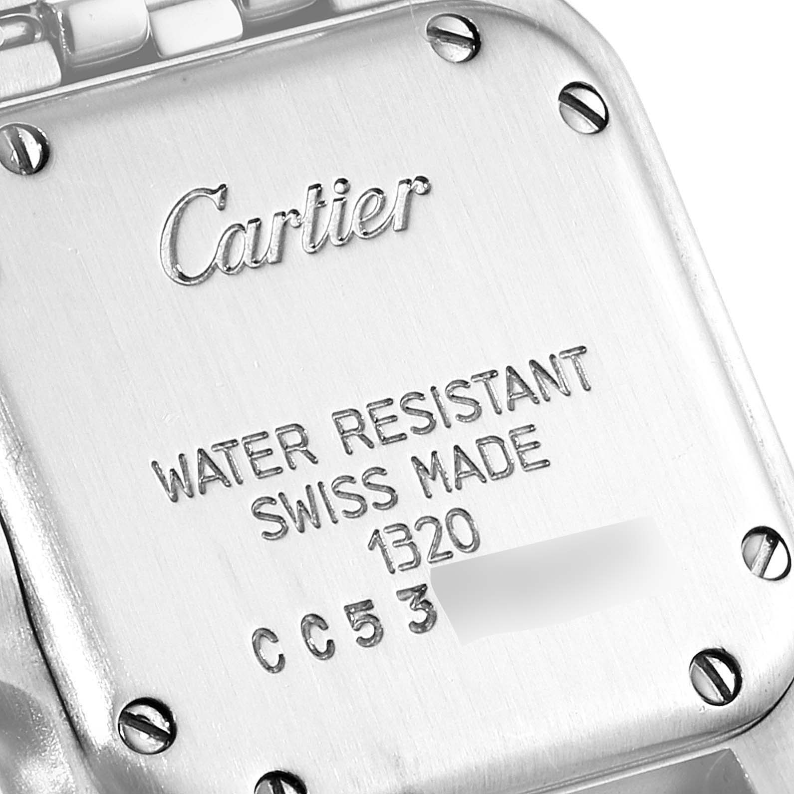 The image shows the back case of a Panthere model by Cartier, focusing on the engraved details and screws.
