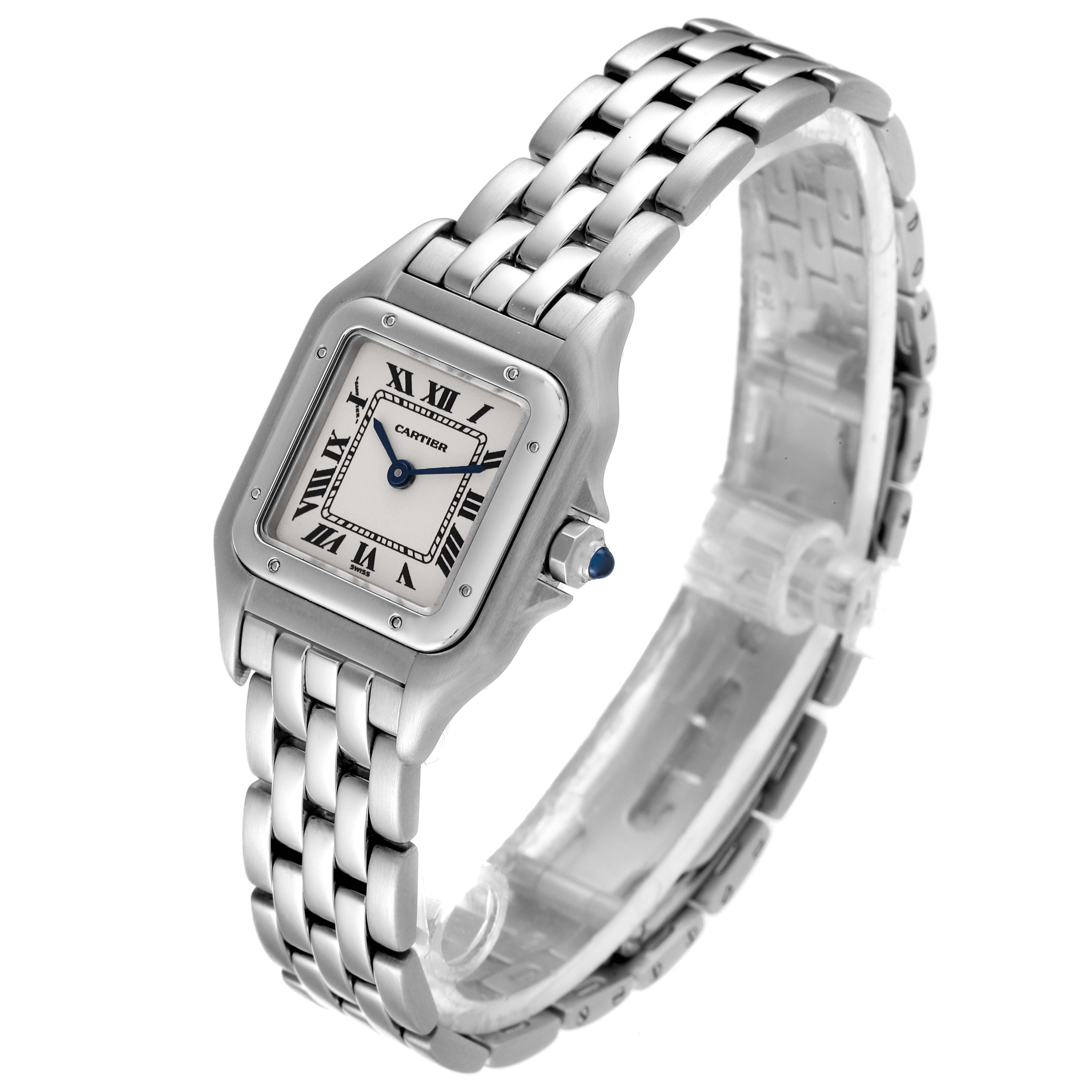 The image shows a Cartier Panthere W25033P5 Women
s Stainless Steel Silver Dial W25033P5 Women
s Stainless Steel Silver Dial watch at an angle highlighting its face, bezel, crown, and bracelet.