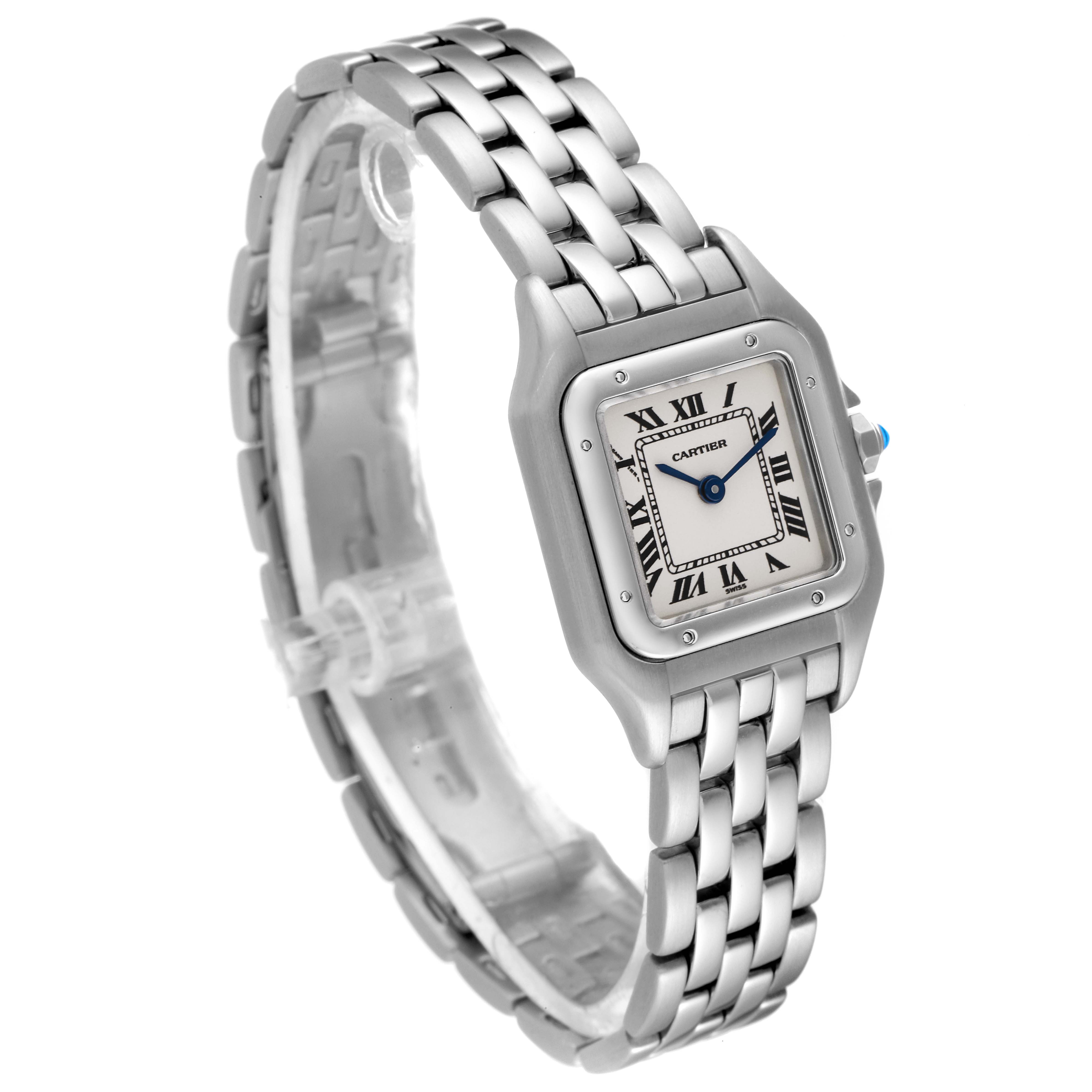 The image shows a Cartier Panthere W25033P5 Women
s Stainless Steel Silver Dial W25033P5 Women
s Stainless Steel Silver Dial model watch from an oblique angle, displaying its face, bracelet, and side profile.
