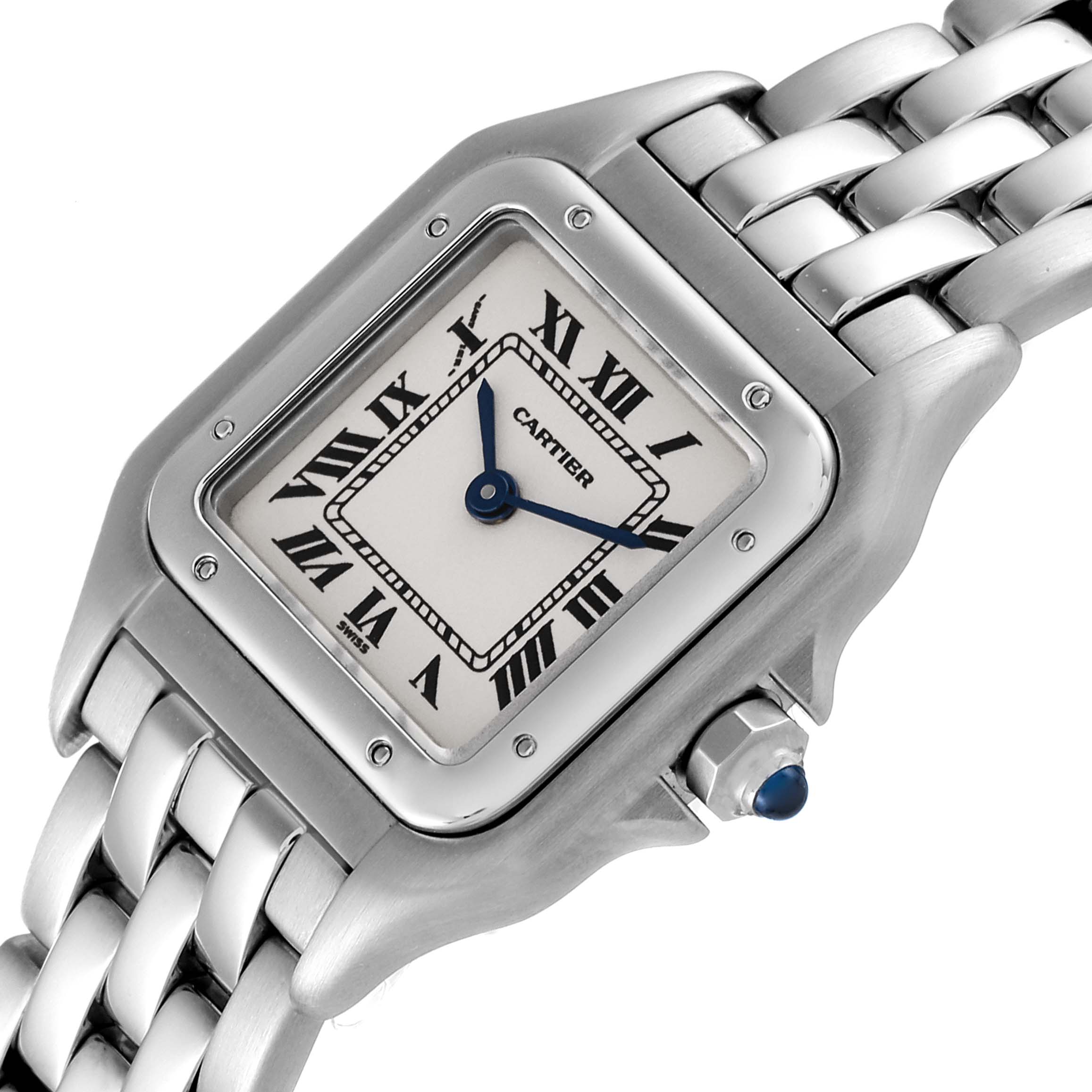 The image shows a close-up angle of the Cartier Panthere W25033P5 Women
s Stainless Steel Silver Dial W25033P5 Women
s Stainless Steel Silver Dial watch, featuring its face, Roman numeral dial, and part of the bracelet.