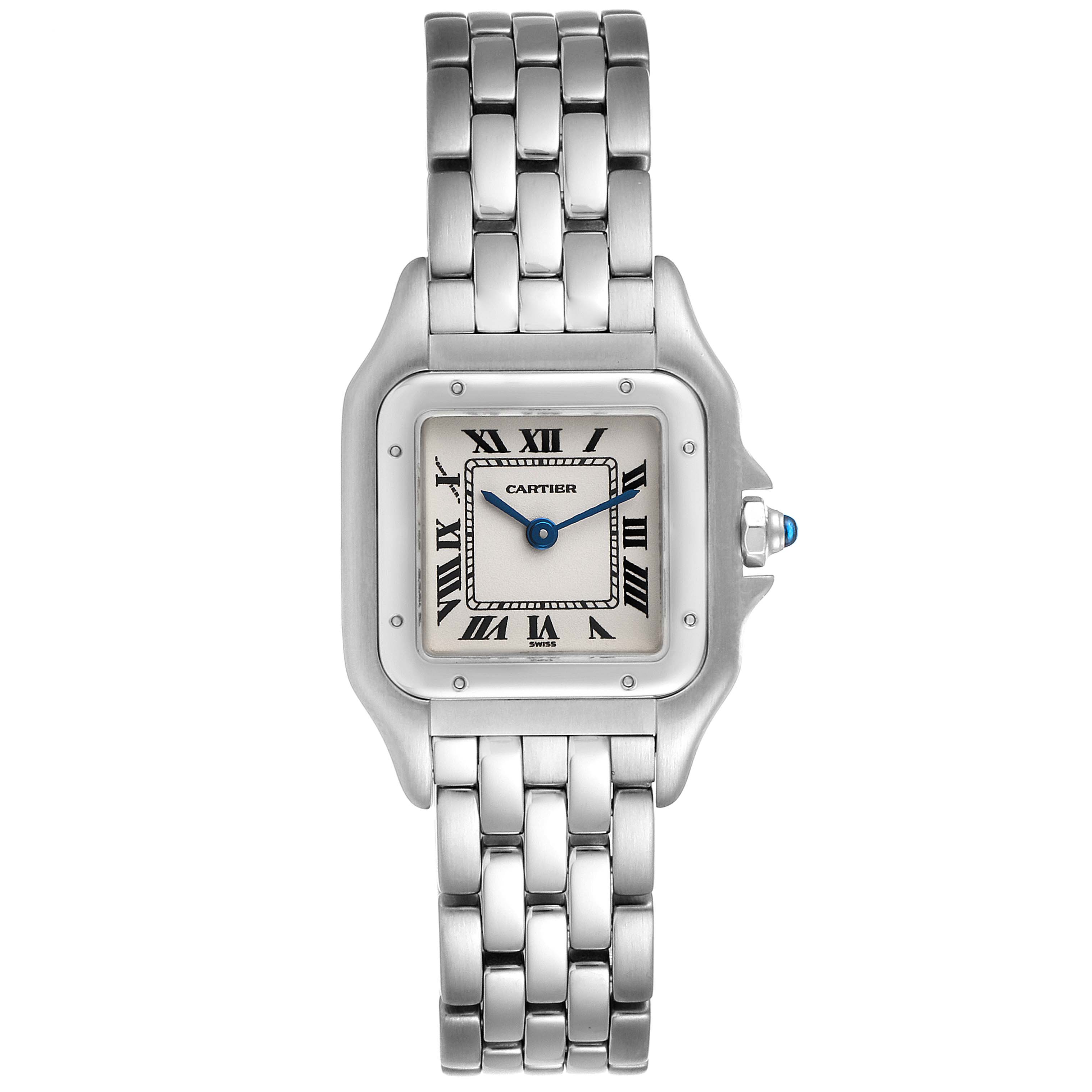 The image shows a front view of a Cartier Panthere W25033P5 Women
s Stainless Steel Silver Dial W25033P5 Women
s Stainless Steel Silver Dial watch, highlighting its face, dial, and bracelet.
