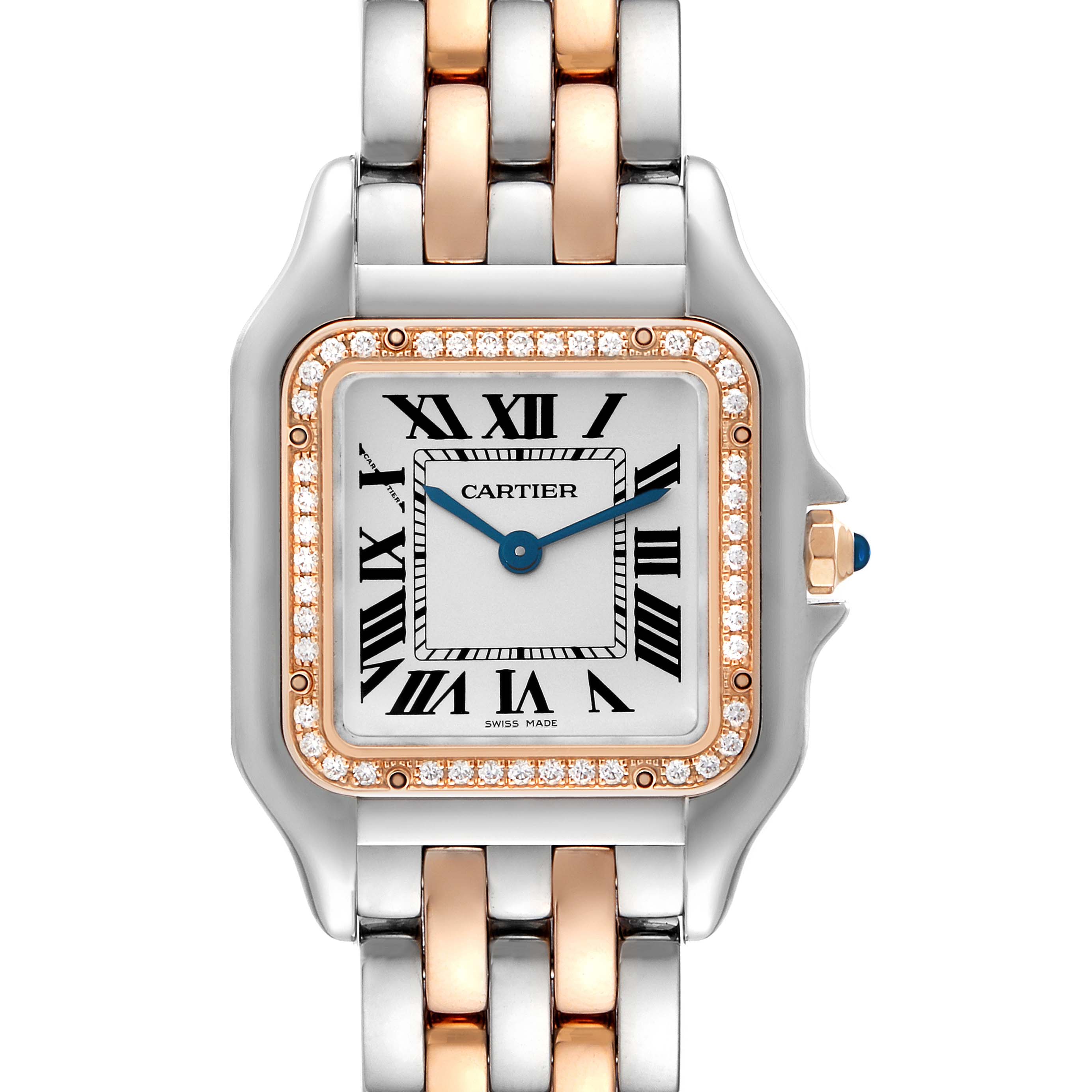 The image shows a close-up of the face and part of the band of a Cartier Panthere W3PN0007 Women's Steel and Gold (two tone) Silver Dial W3PN0007 Women's Steel and Gold (two tone) Silver Dial watch, angled straight on.