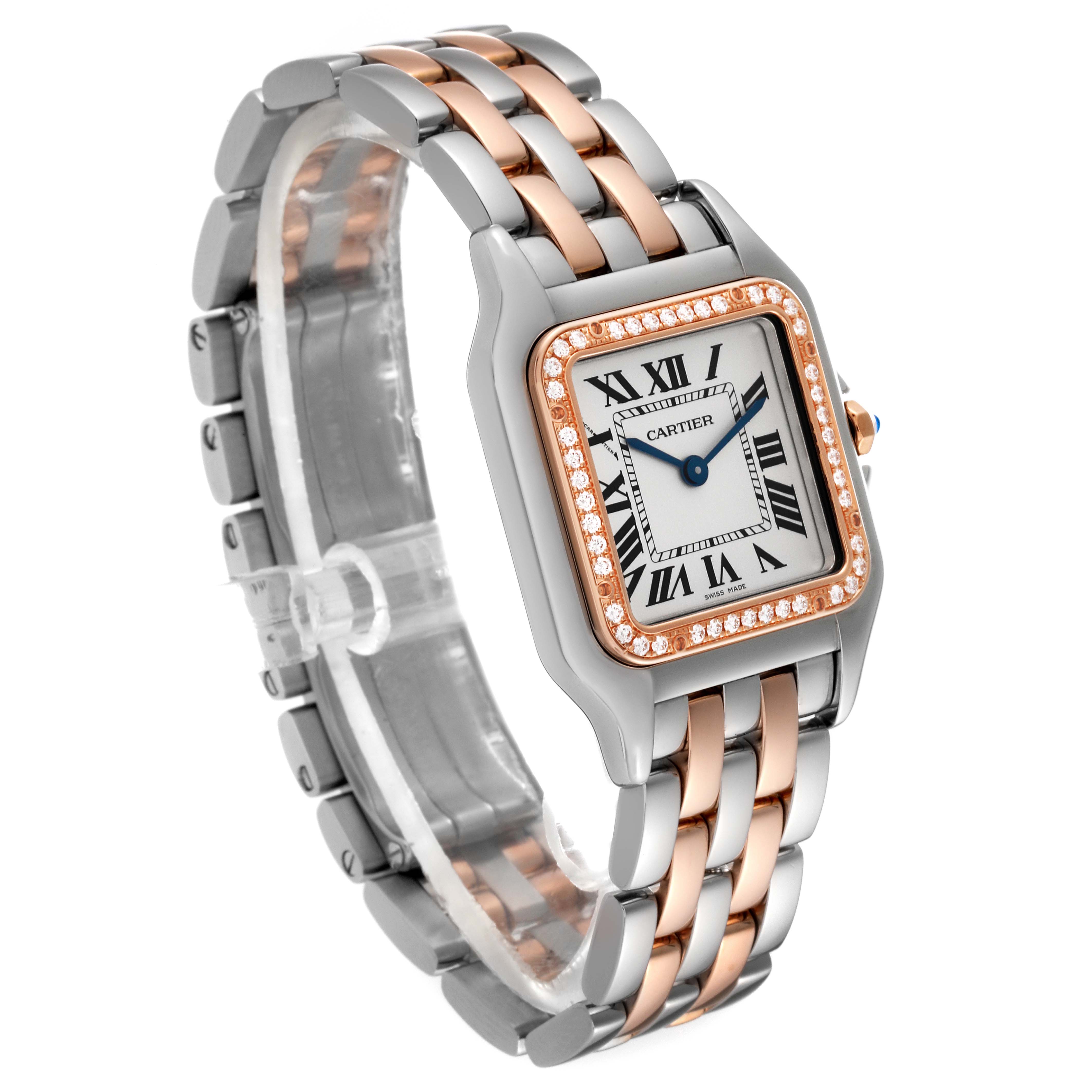 The Cartier Panthere W3PN0007 Women's Steel and Gold (two tone) Silver Dial W3PN0007 Women's Steel and Gold (two tone) Silver Dial watch is shown at an angled side view, highlighting its two-tone bracelet and diamond-accented bezel.