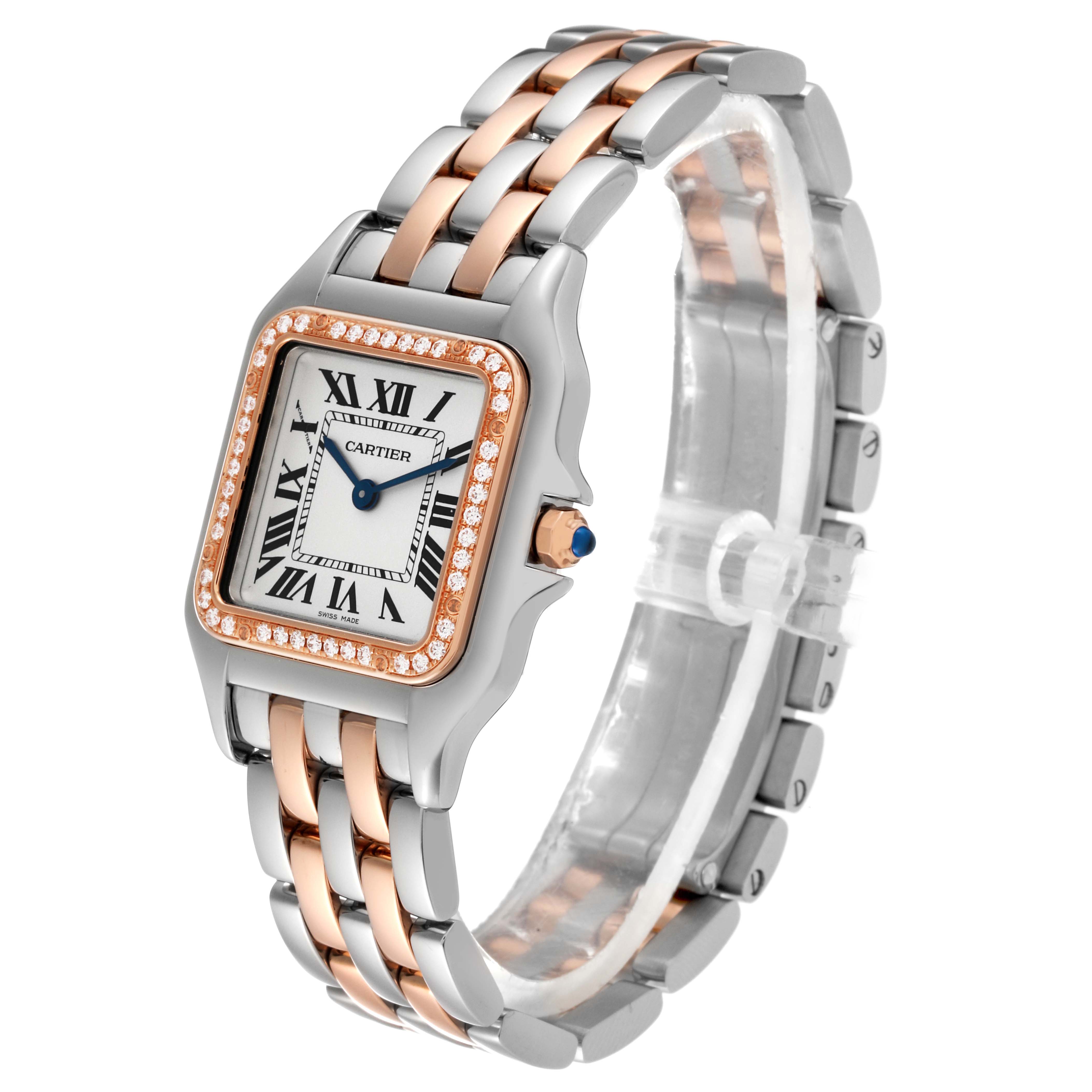 The Cartier Panthere W3PN0007 Women's Steel and Gold (two tone) Silver Dial W3PN0007 Women's Steel and Gold (two tone) Silver Dial watch is shown at an angled view, illustrating the face, bezel, and two-tone bracelet.