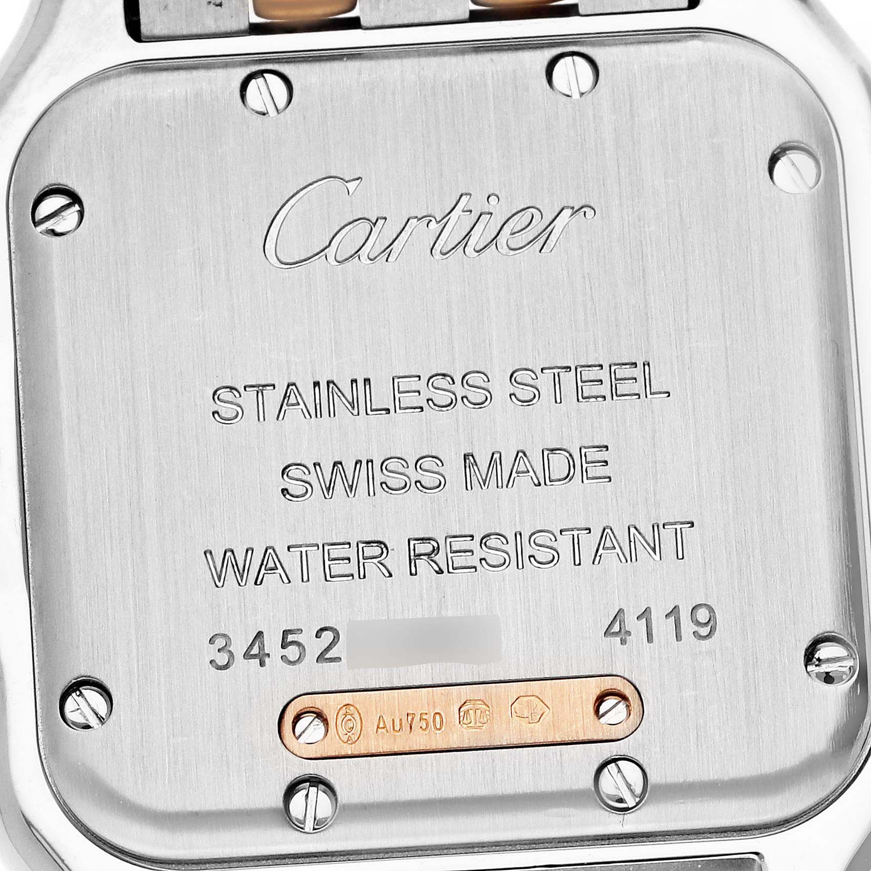 The image shows the back case of a Cartier Panthère watch with engraved details and screws.