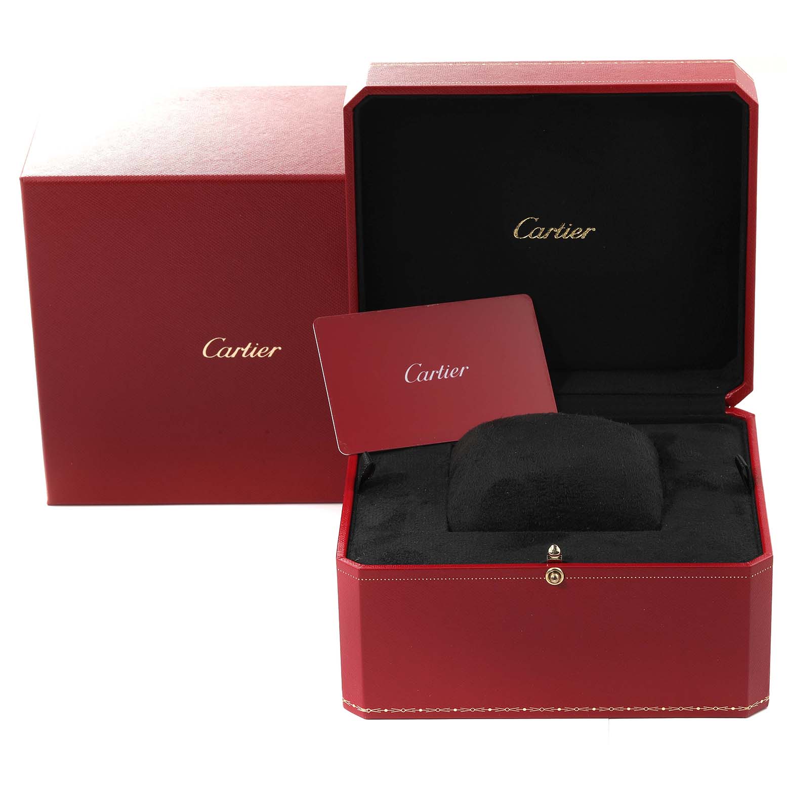 The image shows the packaging of the Cartier Panthere W3PN0007 Women's Steel and Gold (two tone) Silver Dial W3PN0007 Women's Steel and Gold (two tone) Silver Dial model, including the watch box and a branded card.