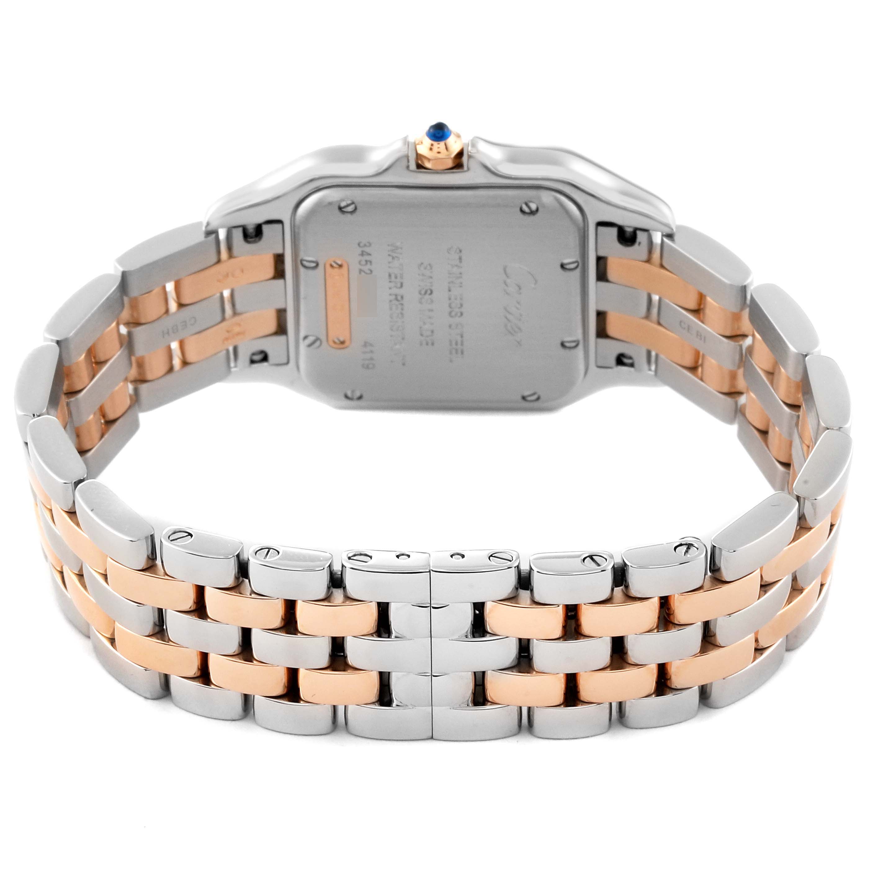 The image shows the back of a Cartier Panthere W3PN0007 Women's Steel and Gold (two tone) Silver Dial W3PN0007 Women's Steel and Gold (two tone) Silver Dial watch, highlighting its bi-colored bracelet and case back.