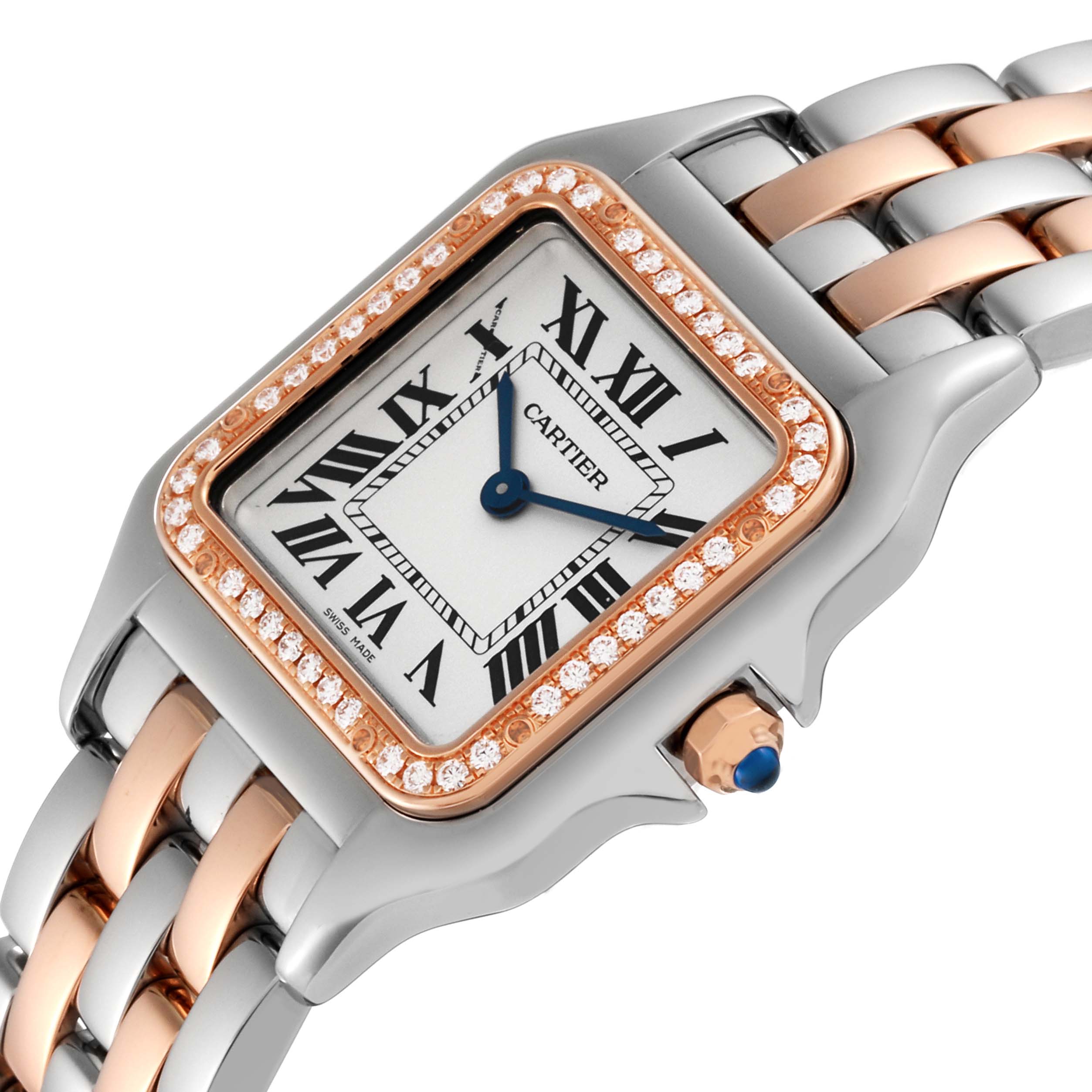 The Cartier Panthere W3PN0007 Women's Steel and Gold (two tone) Silver Dial W3PN0007 Women's Steel and Gold (two tone) Silver Dial watch is shown at an angle highlighting its face, bezel, and part of its bracelet with diamond accents.