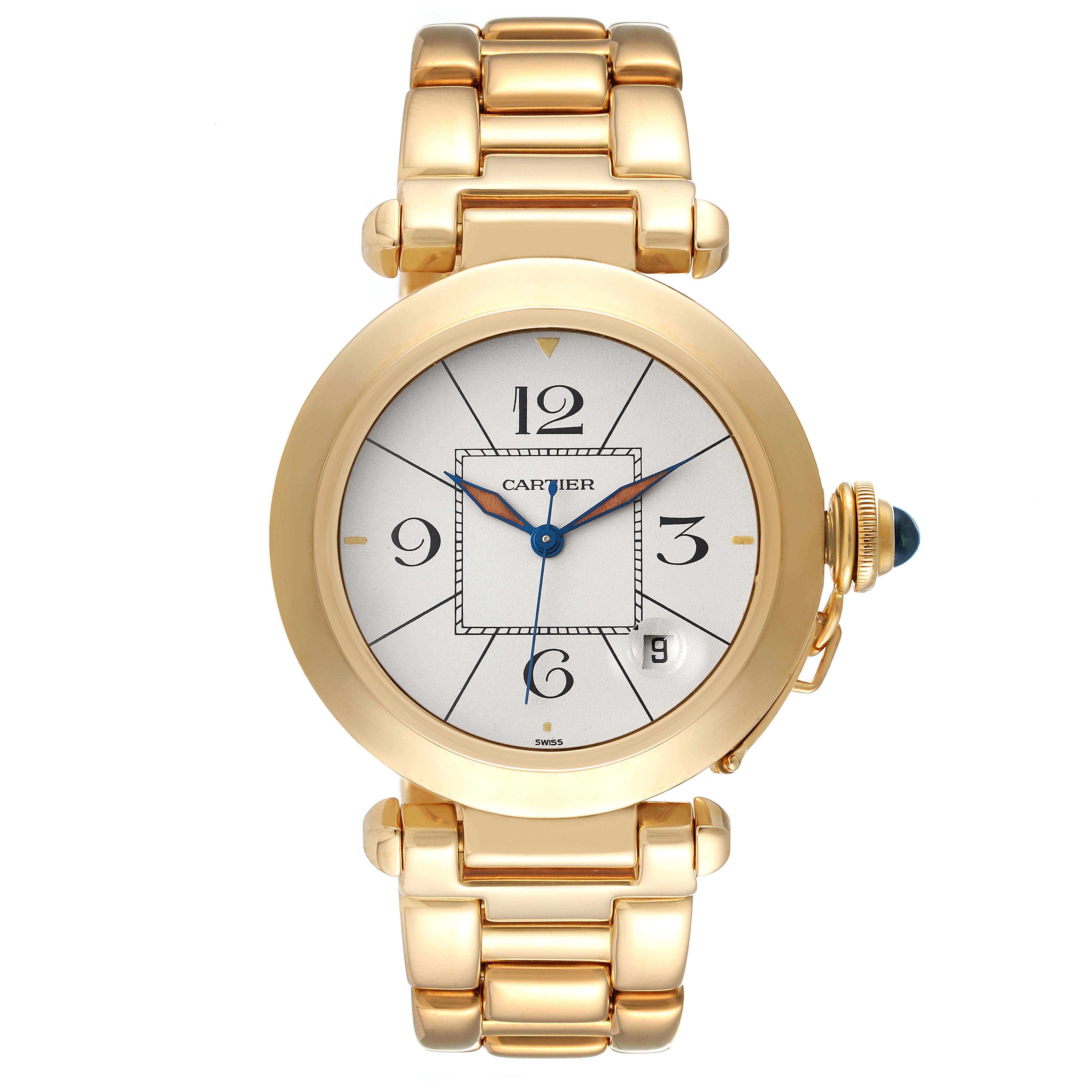 This image shows the front view of a Cartier Pasha 1989 Men's Yellow Gold Silver Dial 1989 Men's Yellow Gold Silver Dial watch, highlighting its gold bracelet, round face, and blue hands.