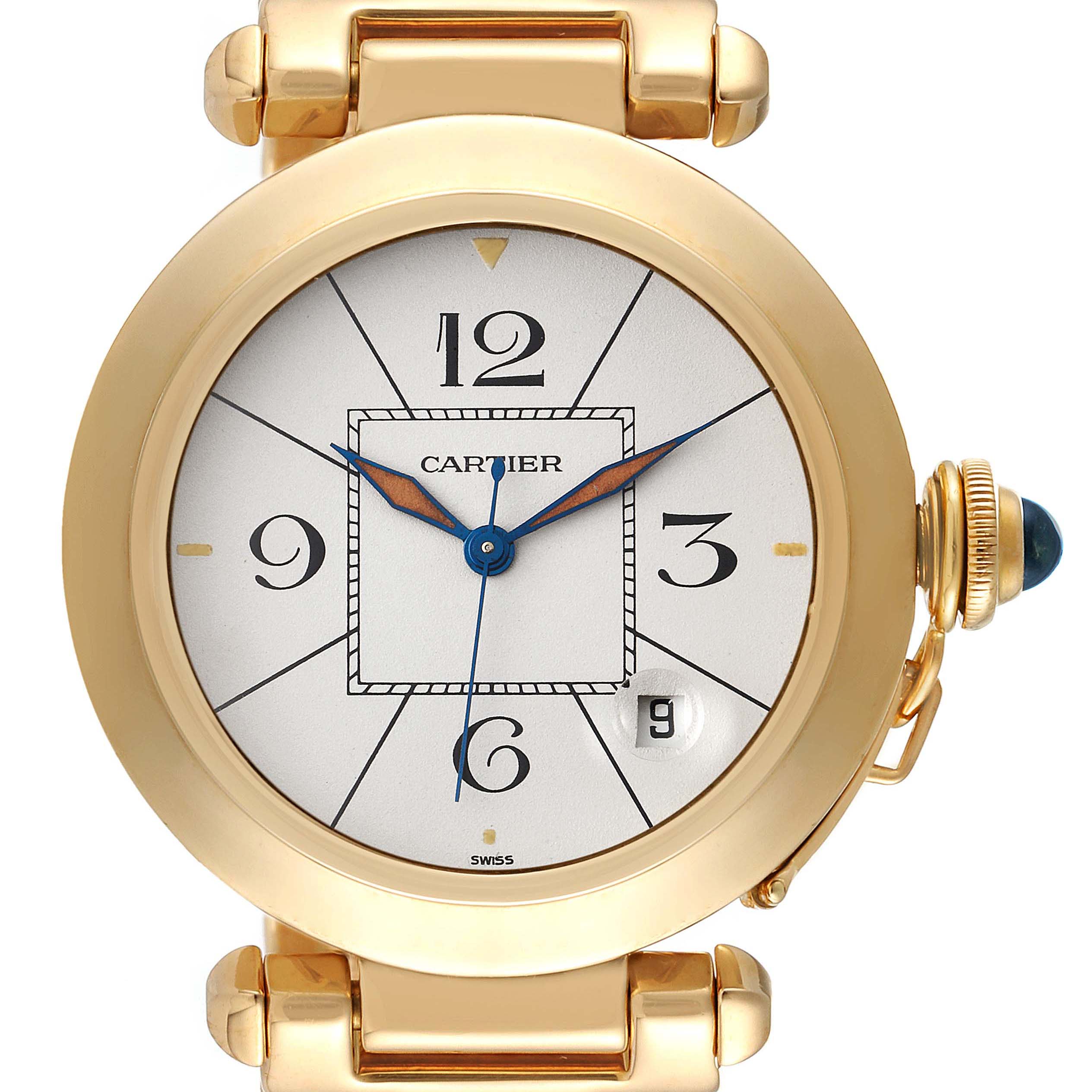 This image shows a front view of a Cartier Pasha 1989 Men's Yellow Gold Silver Dial 1989 Men's Yellow Gold Silver Dial model watch, displaying the dial, hands, case, and crown.