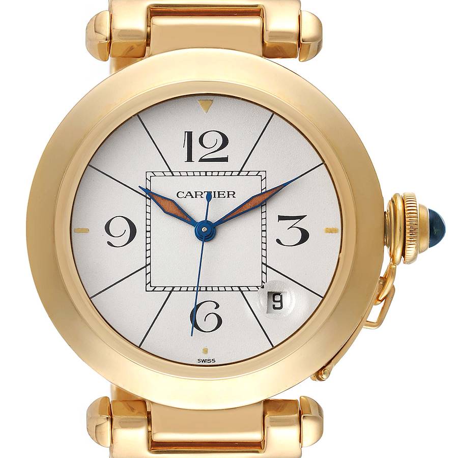 Cartier Pasha 38mm 18K Yellow Gold Silver Dial Automatic Mens Watch 1989 SwissWatchExpo