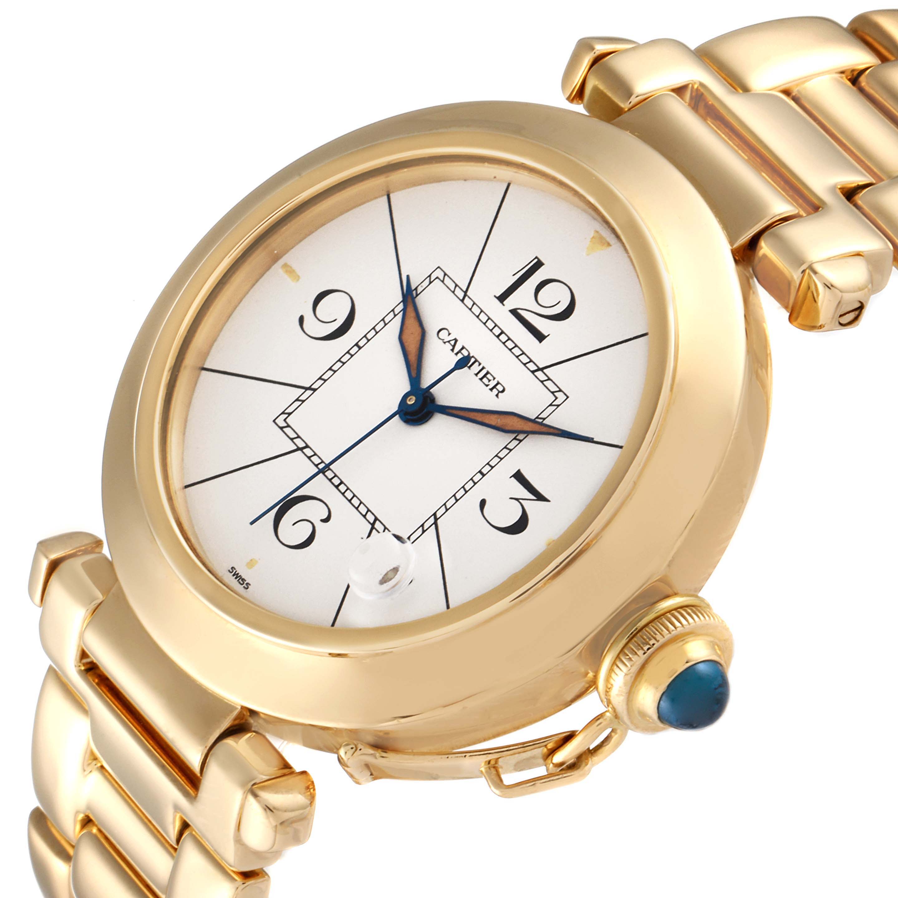 This image shows a gold Cartier Pasha 1989 Men's Yellow Gold Silver Dial 1989 Men's Yellow Gold Silver Dial watch at a slight angle, focusing on the face, bracelet, and crown.