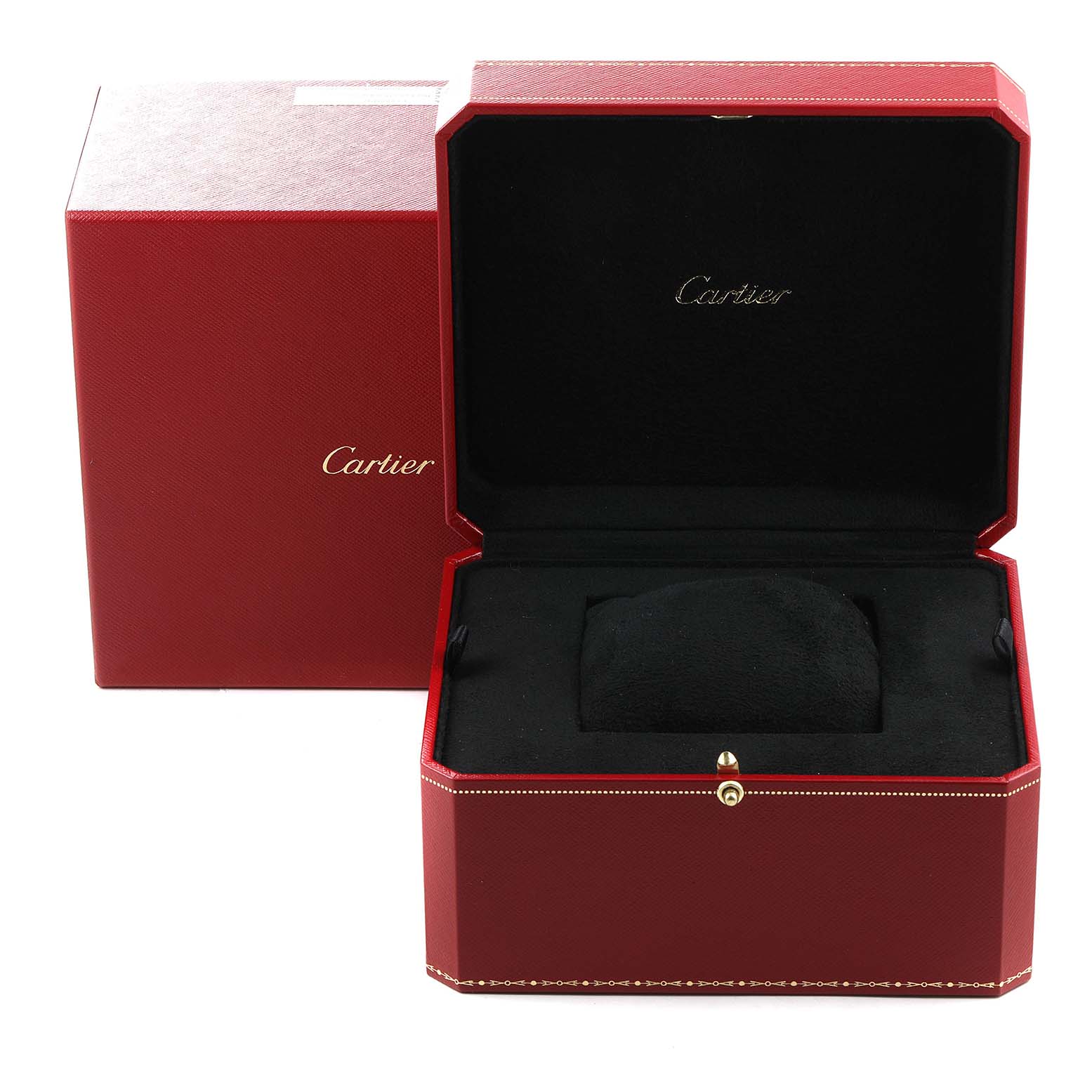 A Cartier Pasha 1989 Men's Yellow Gold Silver Dial 1989 Men's Yellow Gold Silver Dial watch box is shown open, displaying the interior cushion and brand logo.